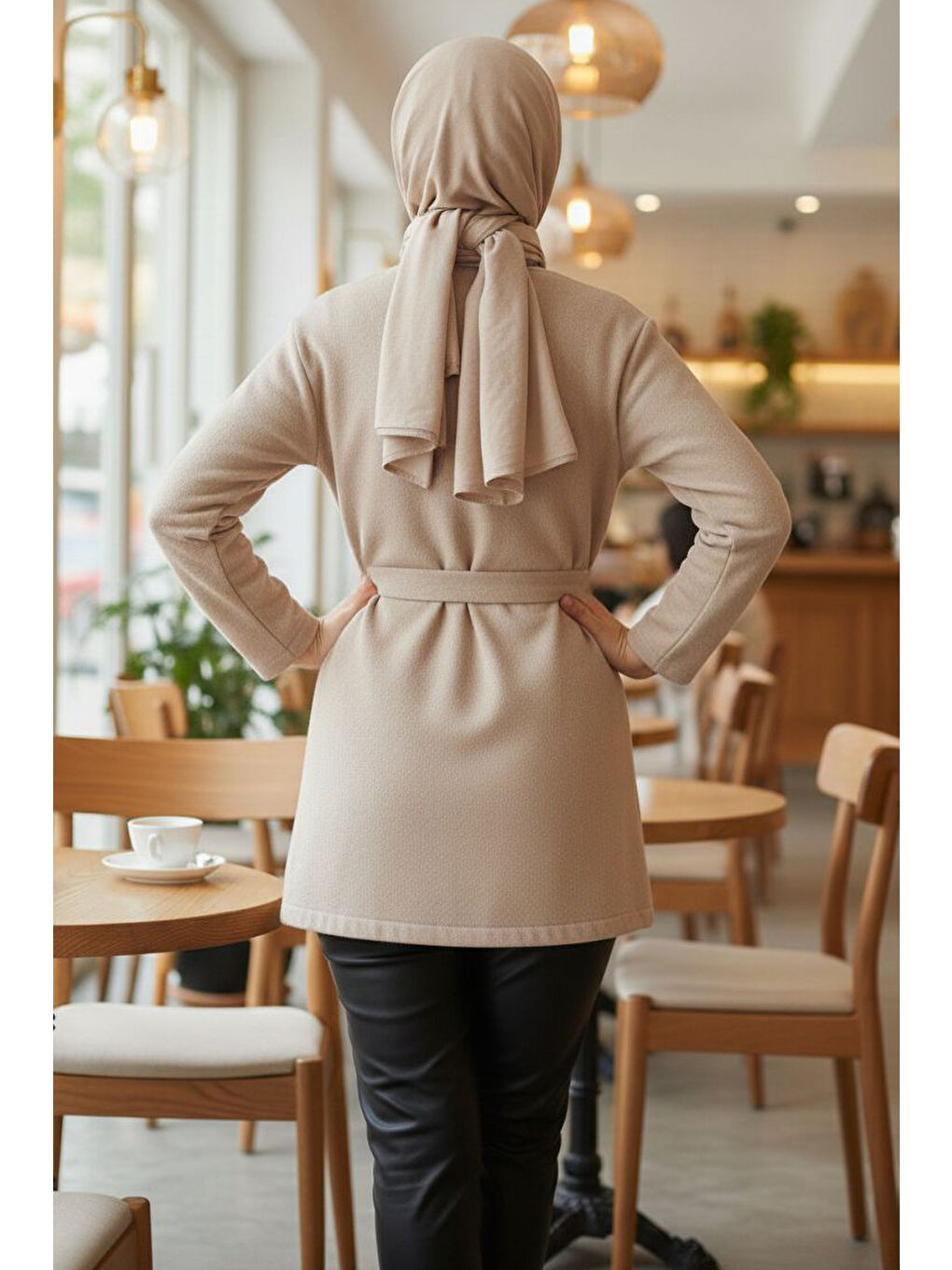 Bağlamalı Düğmeli Kısa Kaşe Kaban Bej - 2052-BEJ-2