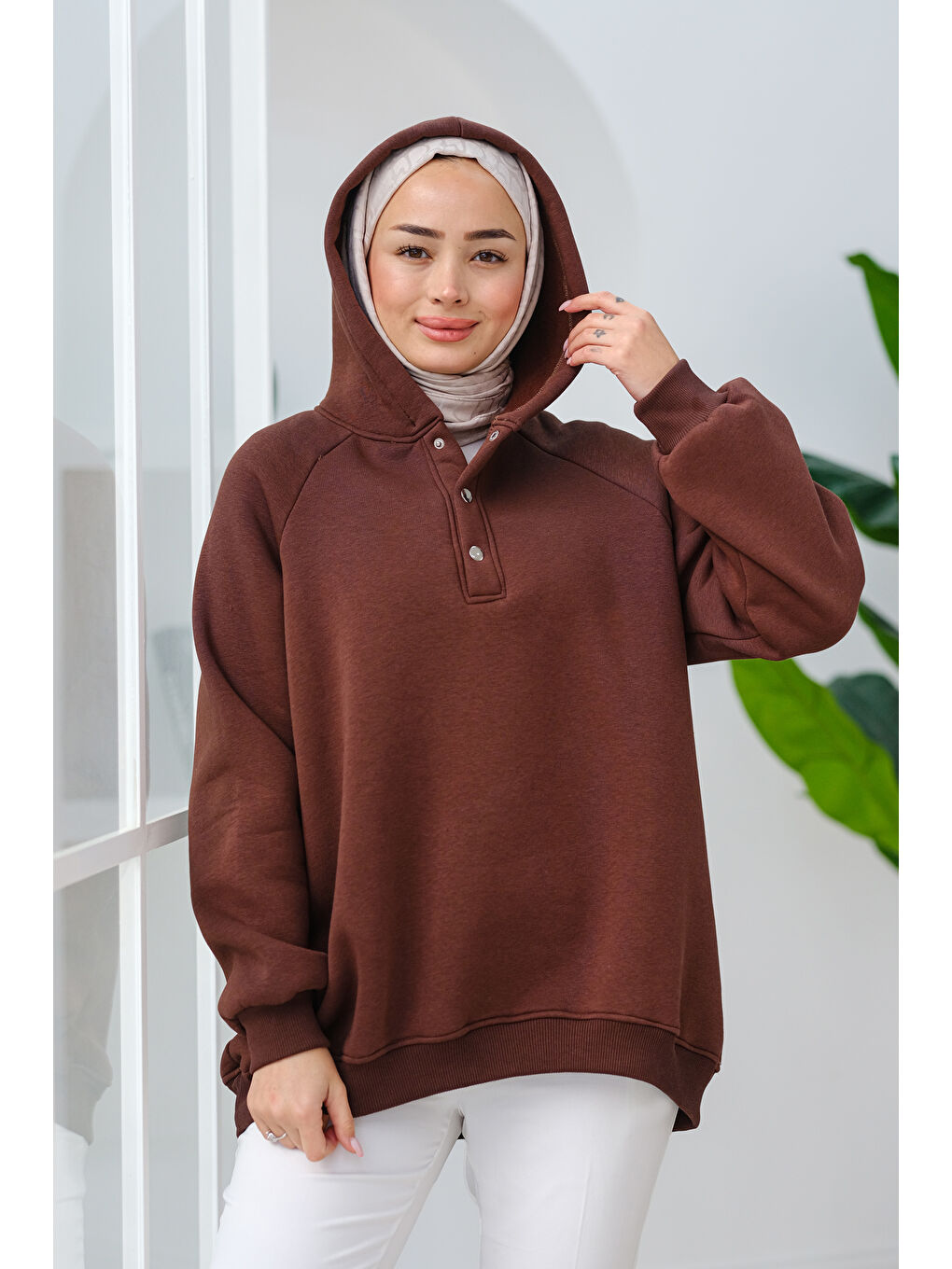 Locco Moda Çıt Çıt Detay Kapüşonlu Sweat Kahverengi - 2