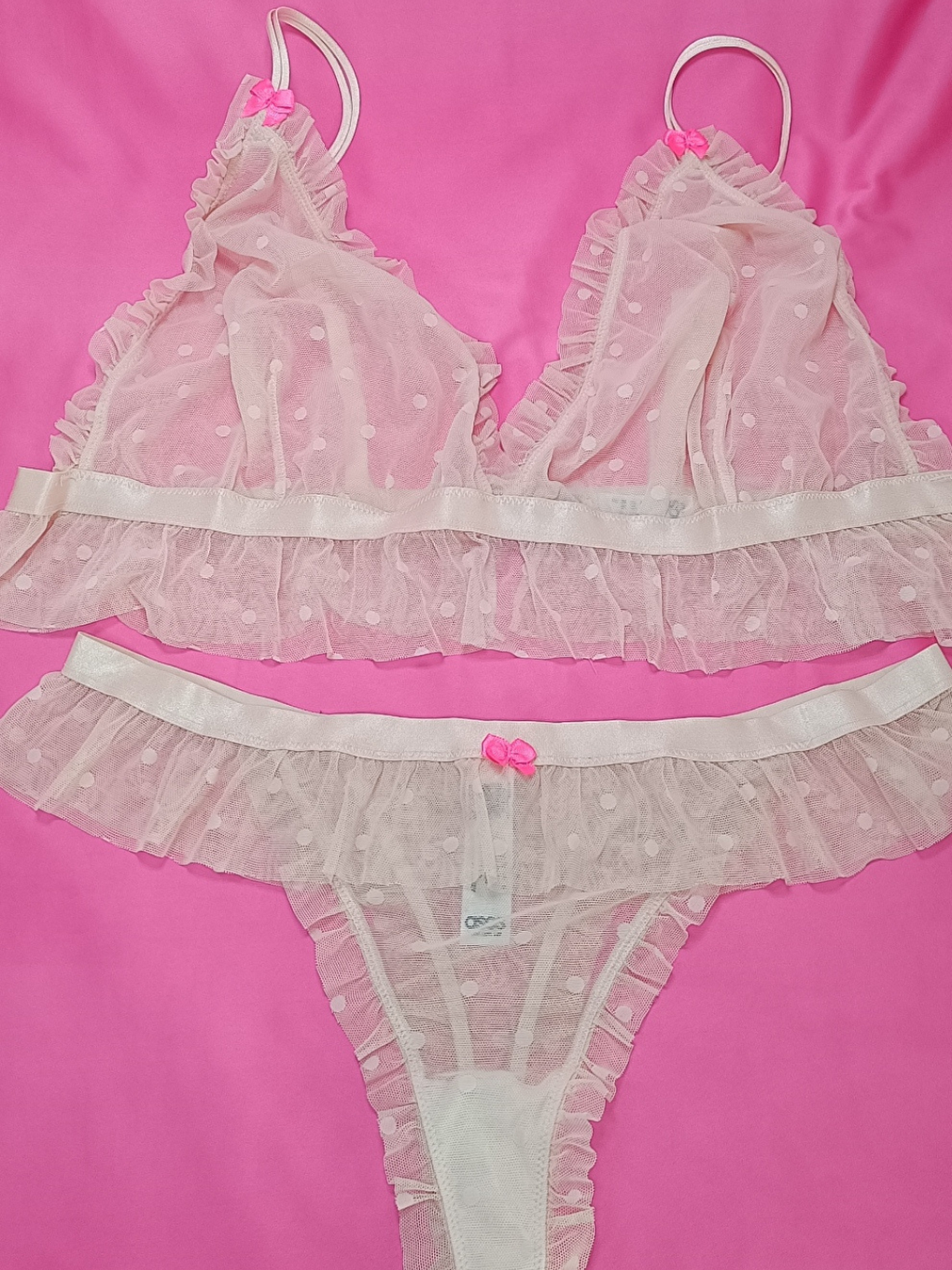 Pembe Kadın Büyük Beden Tül Puantiye Desenli Transparan 2'Li Takım Bb2131-1