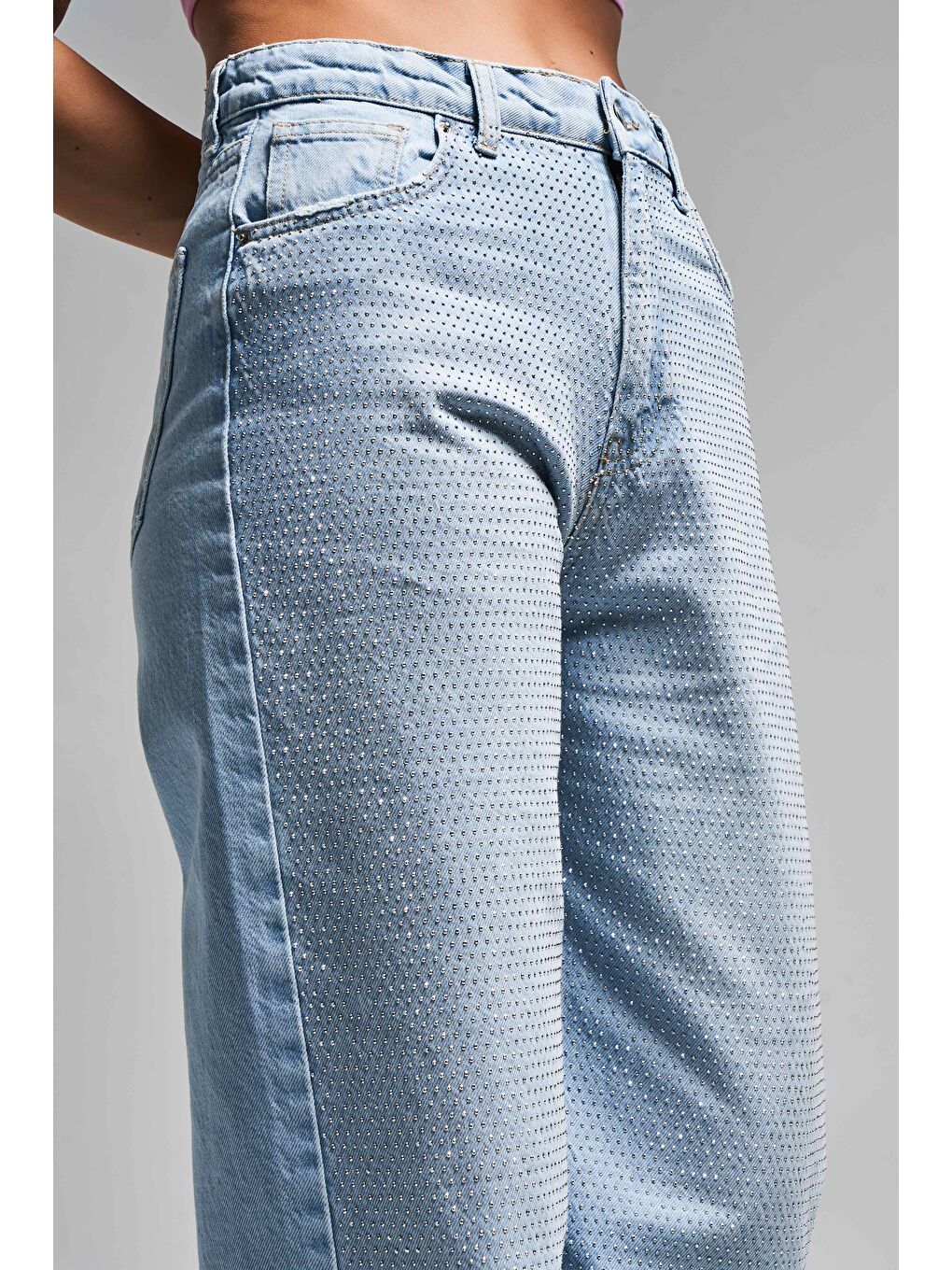 Mavi Kadın Ice Rengi T-2S5-100 Straight Fit İç Boy 83cm Yüksek Bel İnci Parlak Taşlı Tasarım Denim-1