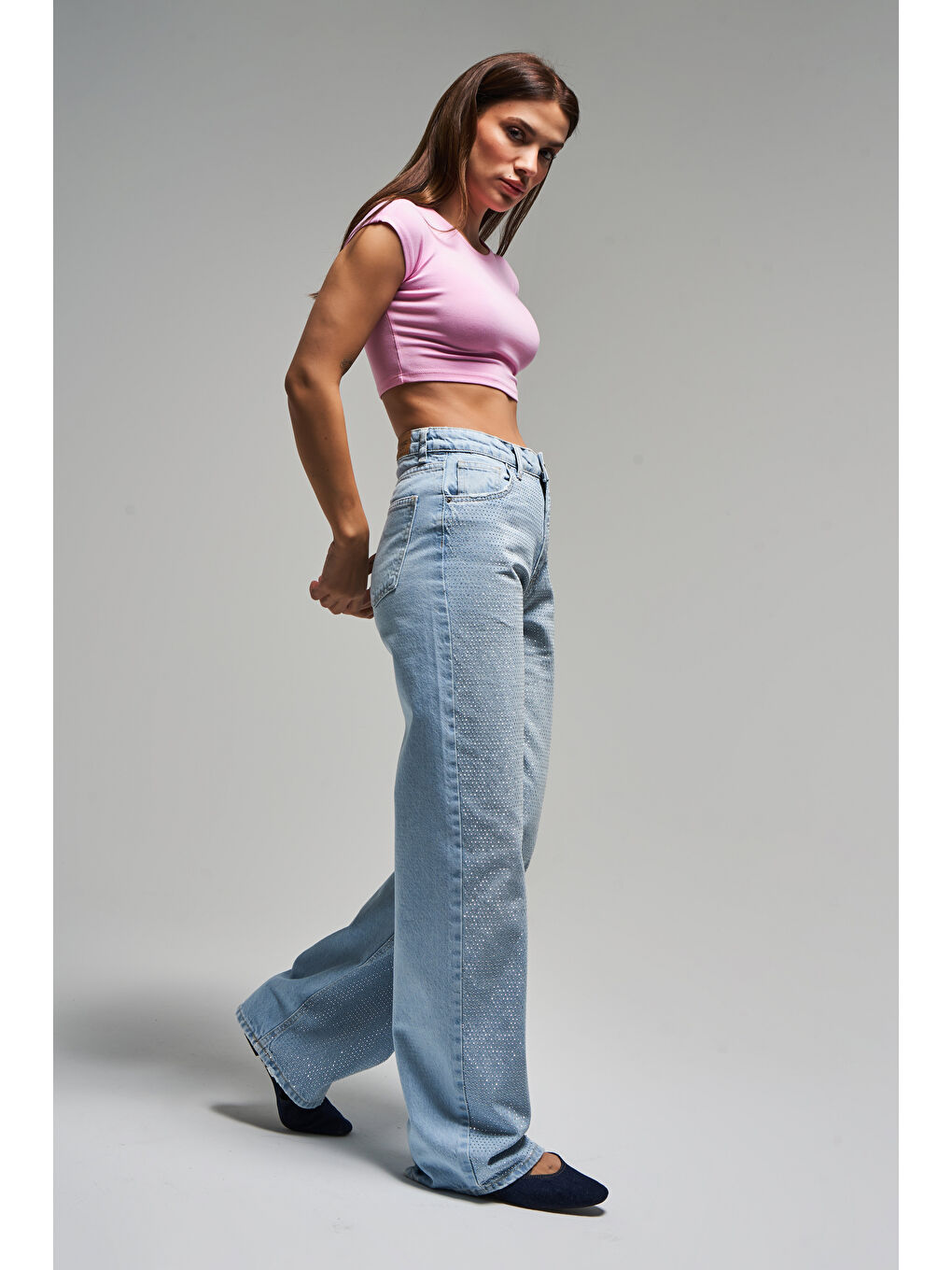Mavi Kadın Ice Rengi T-2S5-100 Straight Fit İç Boy 83cm Yüksek Bel İnci Parlak Taşlı Tasarım Denim-2