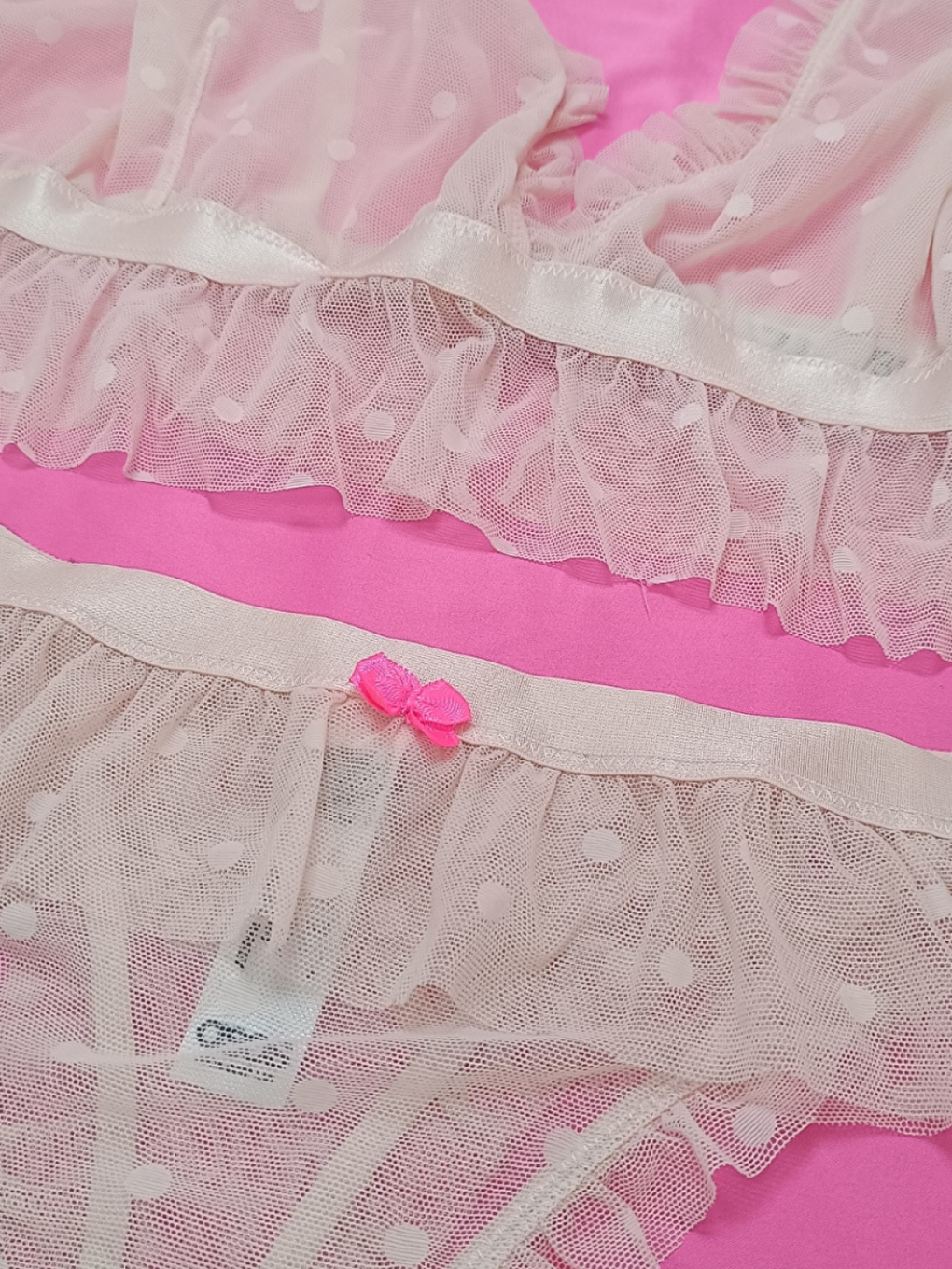 Pembe Kadın Büyük Beden Tül Puantiye Desenli Transparan 2'Li Takım Bb2131-2