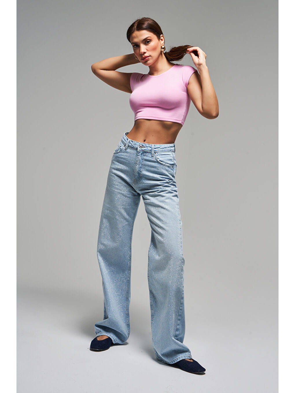 Mavi Kadın Ice Rengi T-2S5-100 Straight Fit İç Boy 83cm Yüksek Bel İnci Parlak Taşlı Tasarım Denim-3