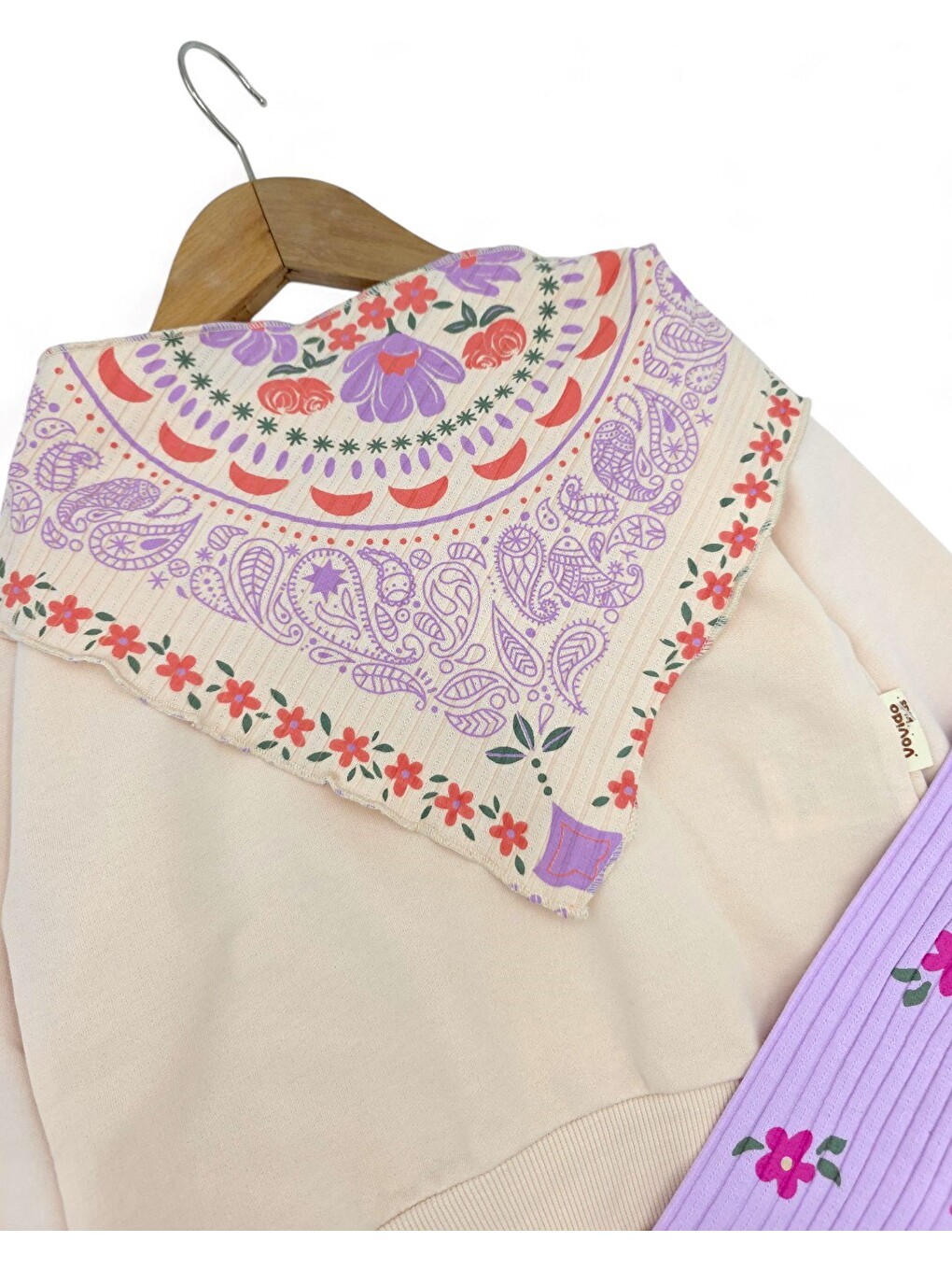 Lila Kız Çocuk Etnik Desen Fularlı, Bol Paça Pantalonlu 3 Parça Mevsimlik Alt Üst Takım-2