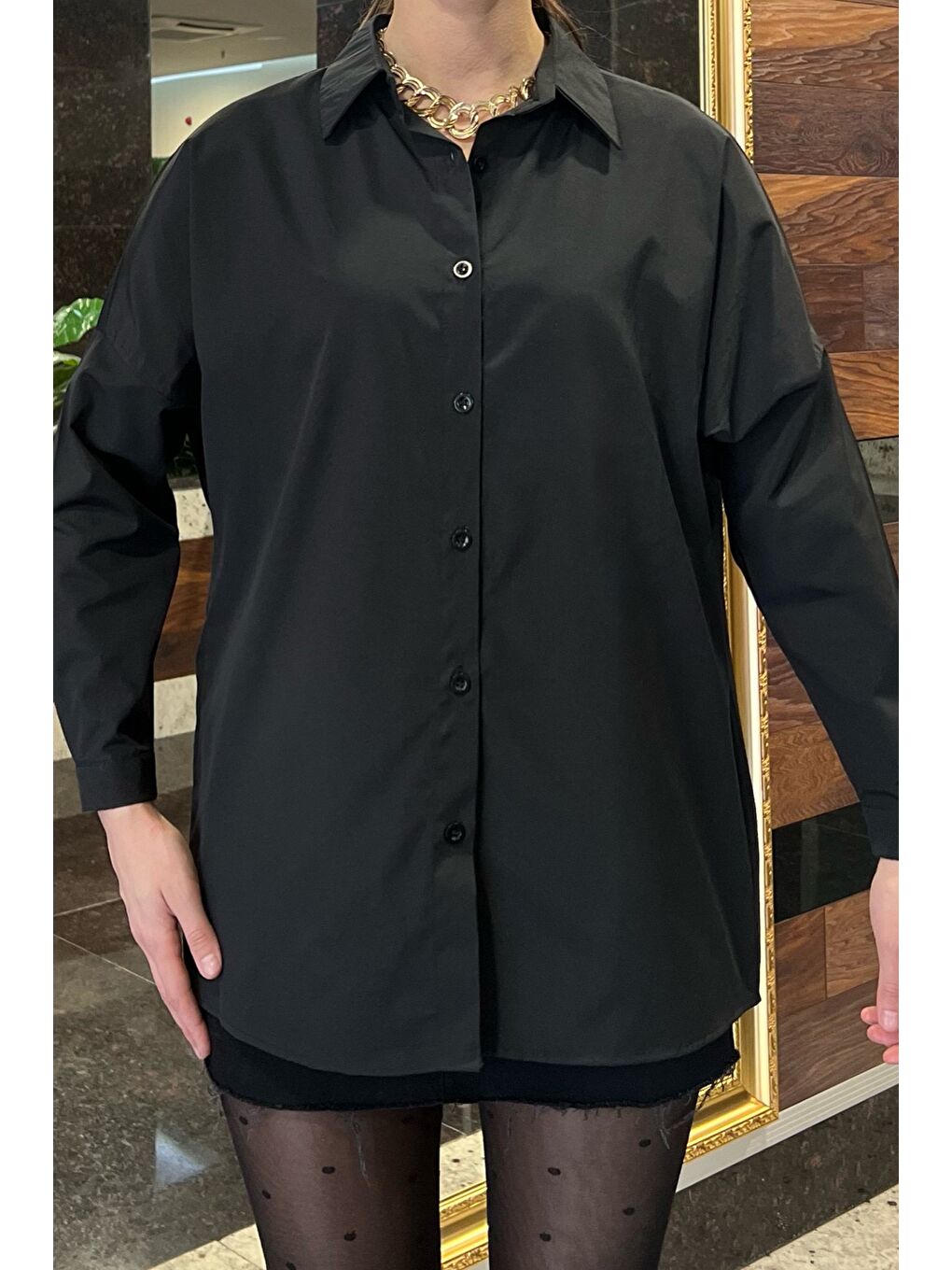 Siyah Kadın Salaş Basic Gömlek-1