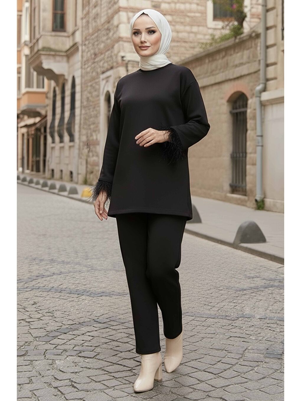 Kol Ucu Tüylü Modal İkili Takım Siyah - 088-SIYAH