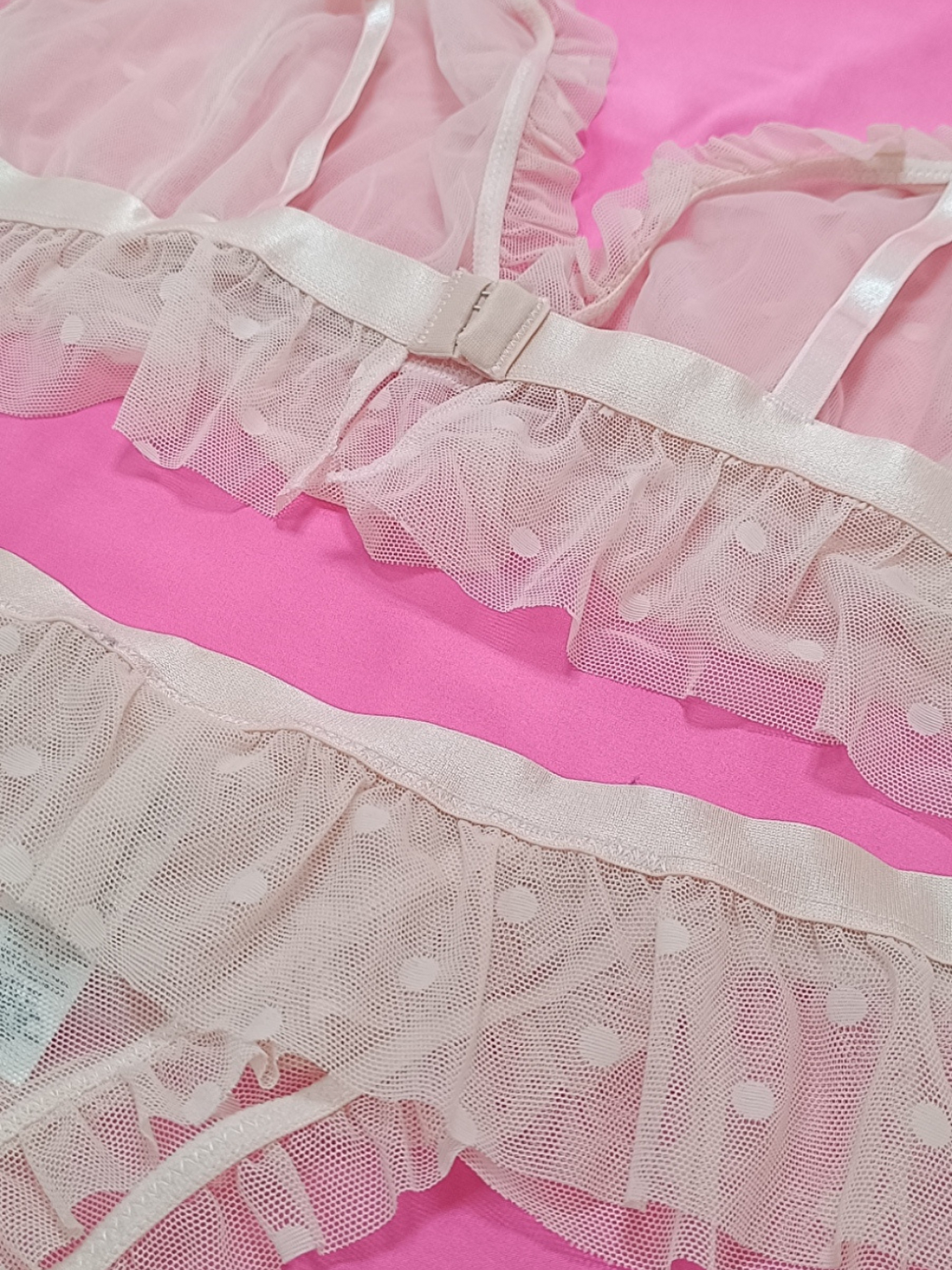 Pembe Kadın Büyük Beden Tül Puantiye Desenli Transparan 2'Li Takım Bb2131-3