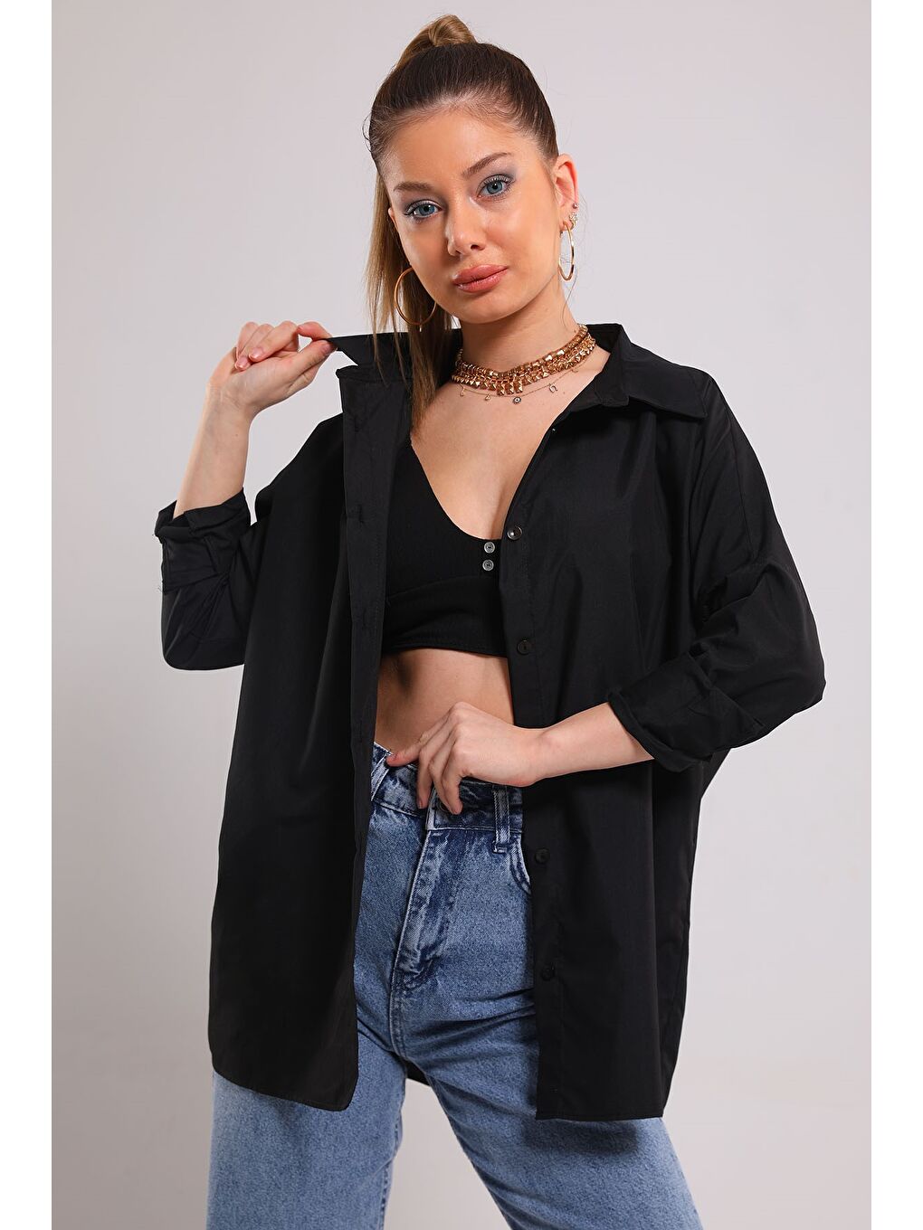 Siyah Kadın Salaş Basic Gömlek-3