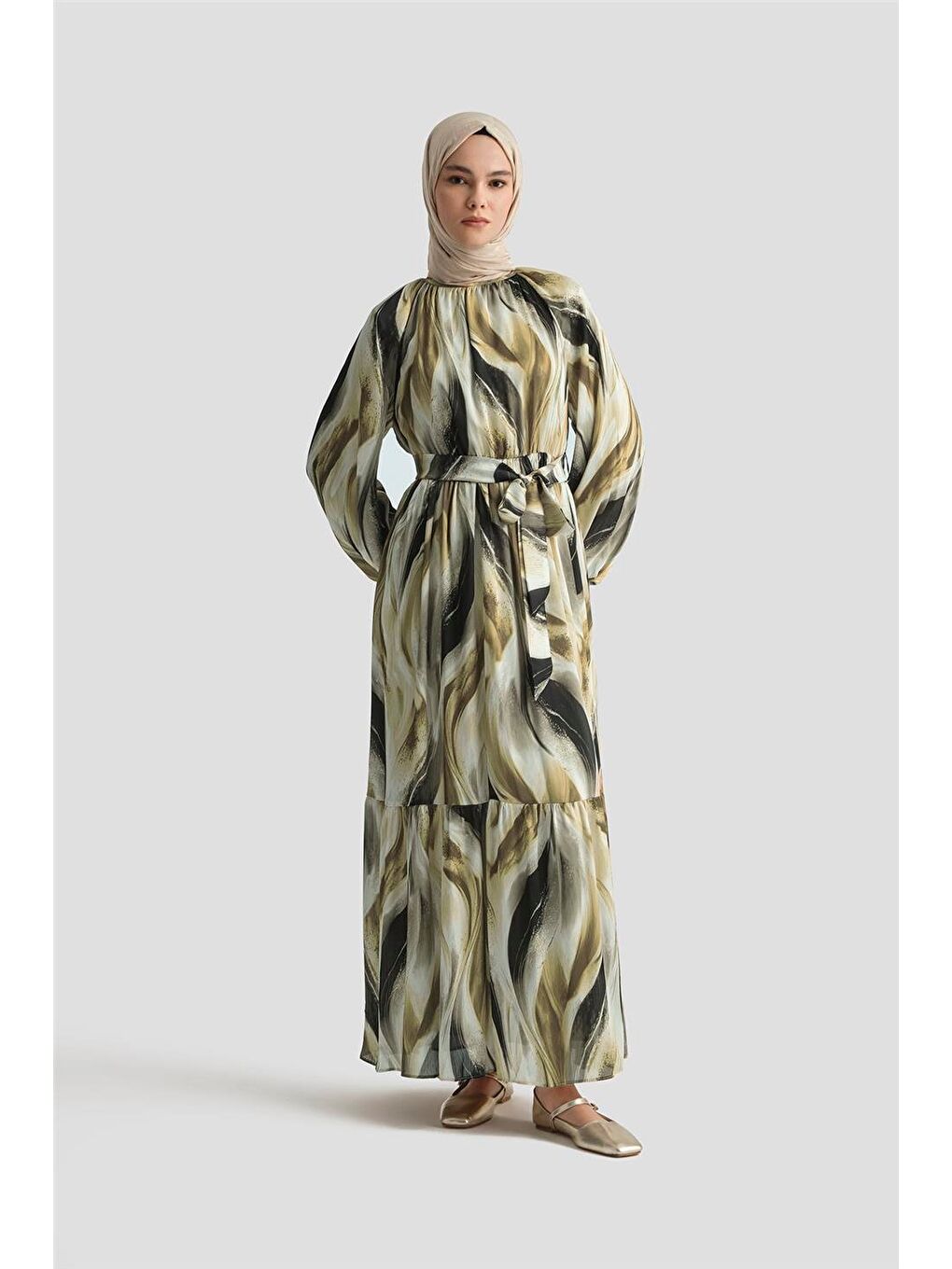 Desenli Elbise 25Yd4026 Kahverengi-1