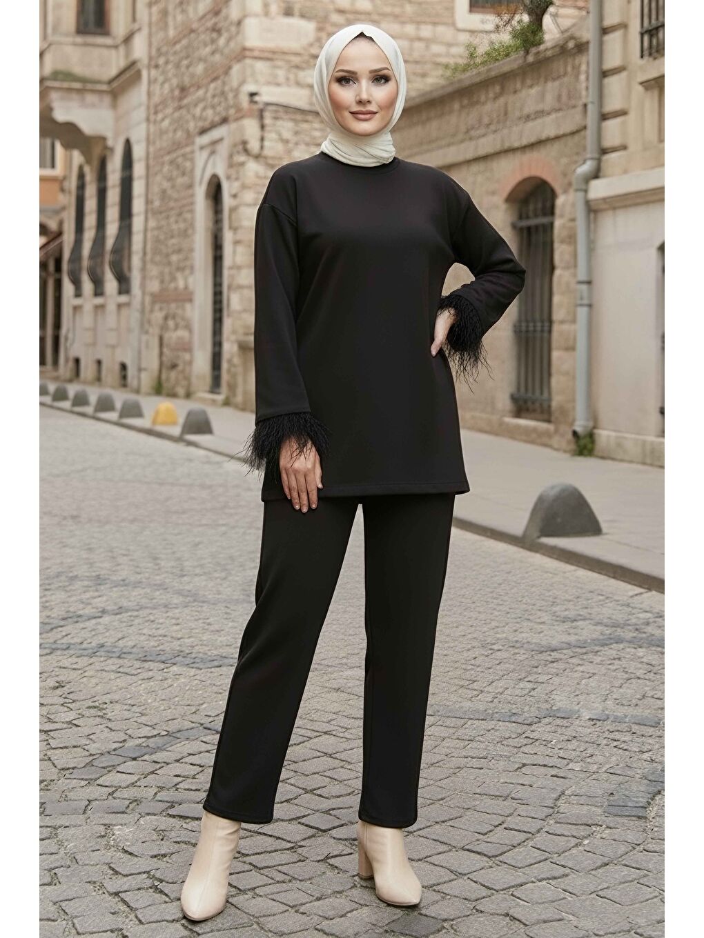 Kol Ucu Tüylü Modal İkili Takım Siyah - 088-SIYAH-1