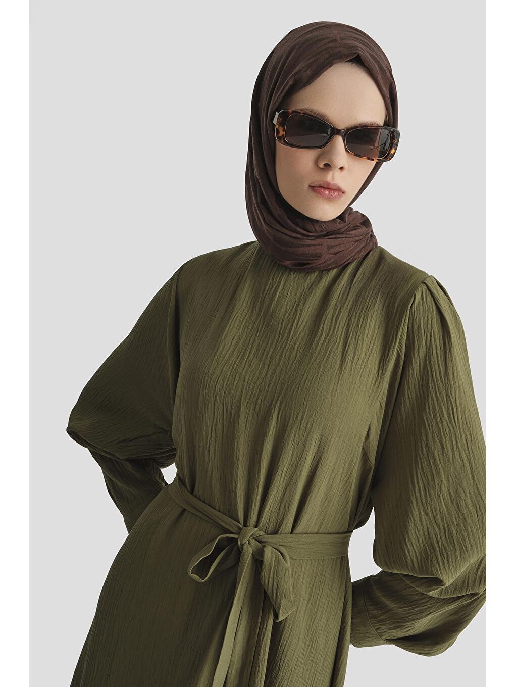 Balon Kollu Elbise 25Kd4013 Haki