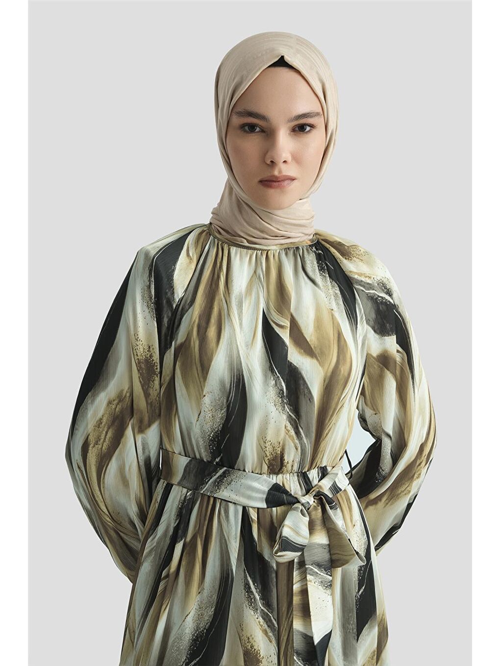 Desenli Elbise 25Yd4026 Kahverengi-3