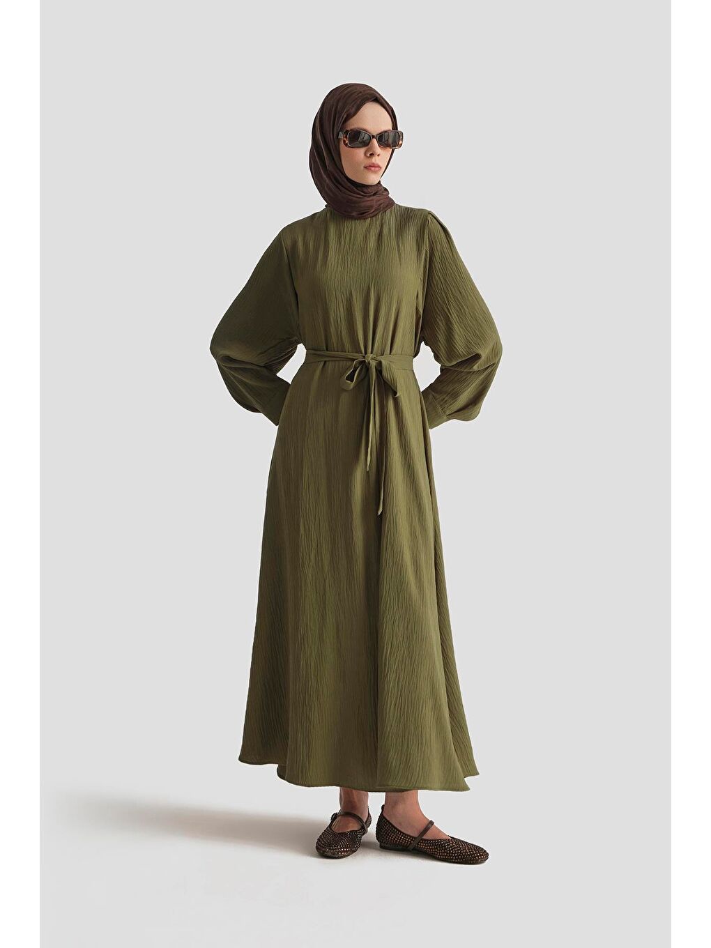 Balon Kollu Elbise 25Kd4013 Haki-1