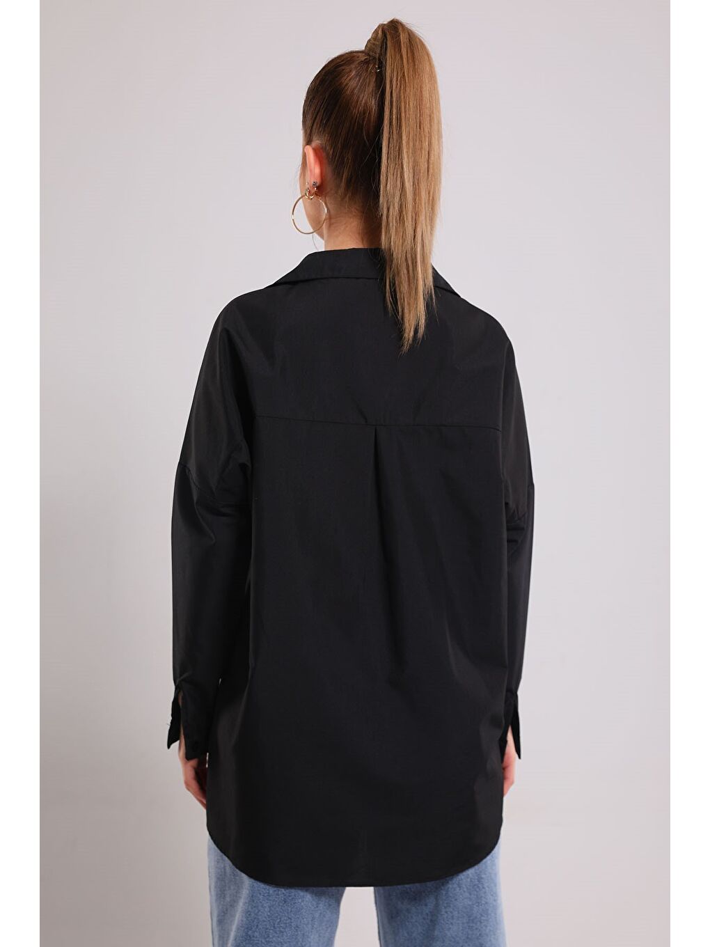 Siyah Kadın Salaş Basic Gömlek-6