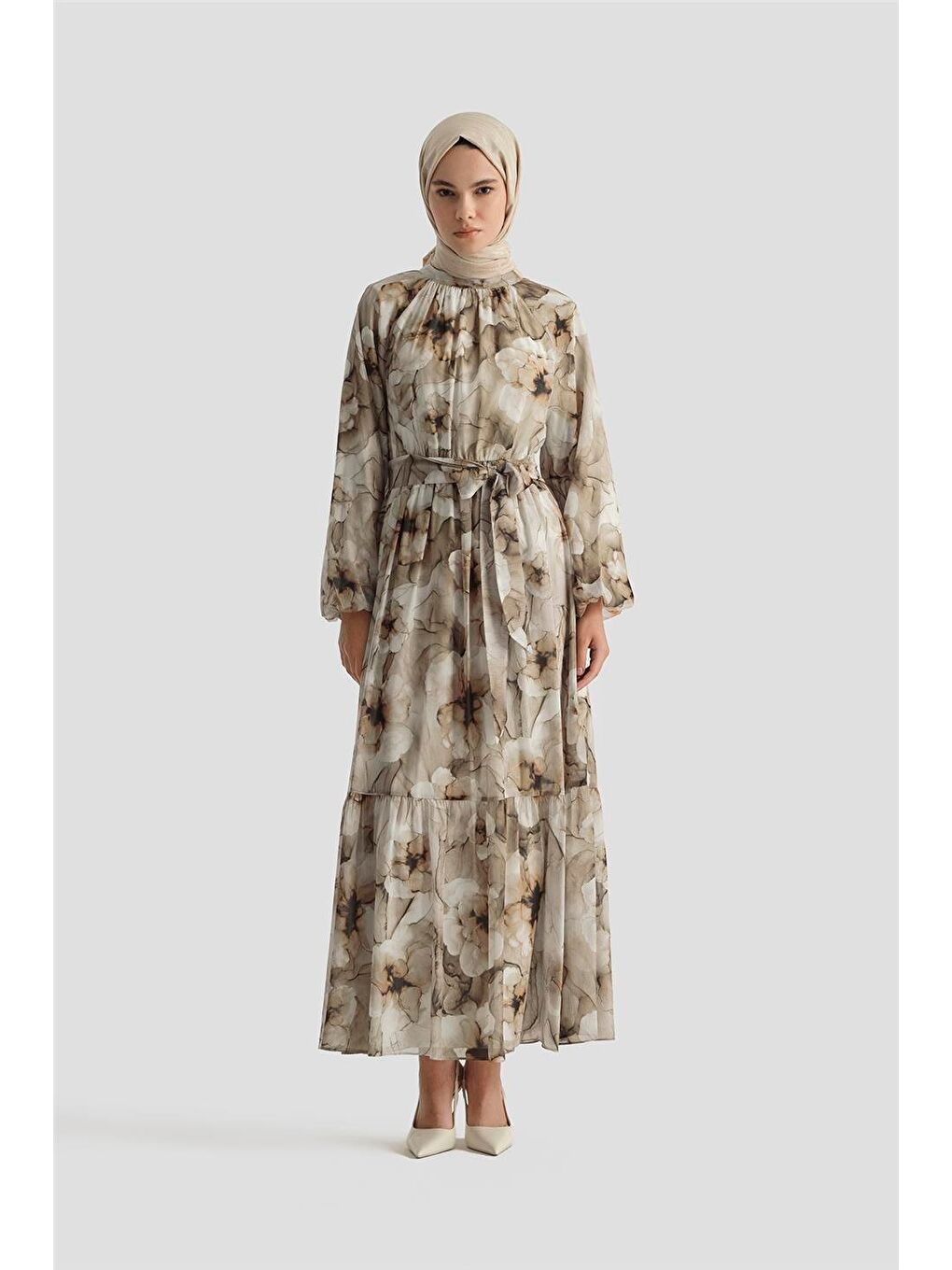 Desenli Elbise 25Yd4018 Kahverengi