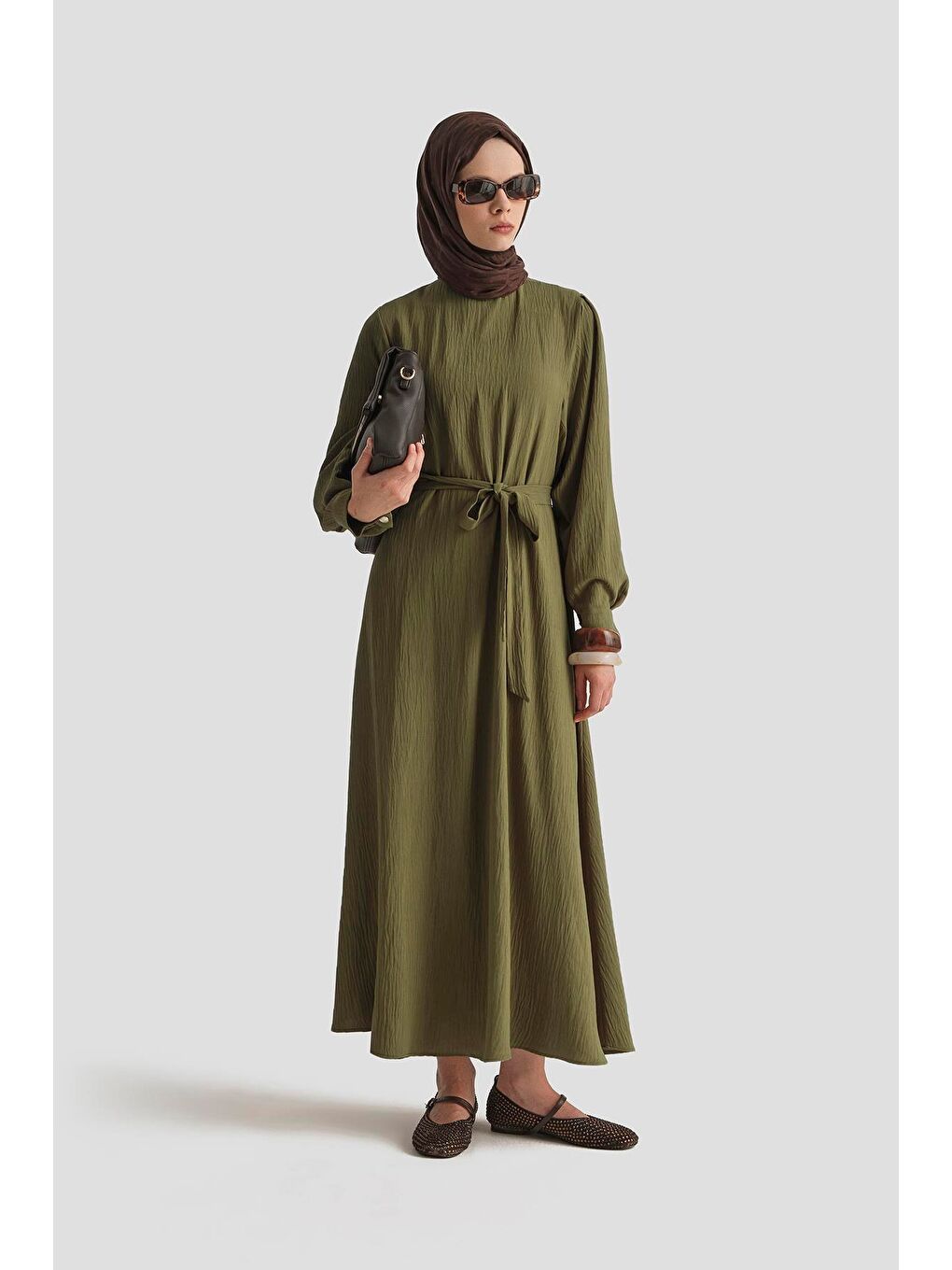 Balon Kollu Elbise 25Kd4013 Haki-3