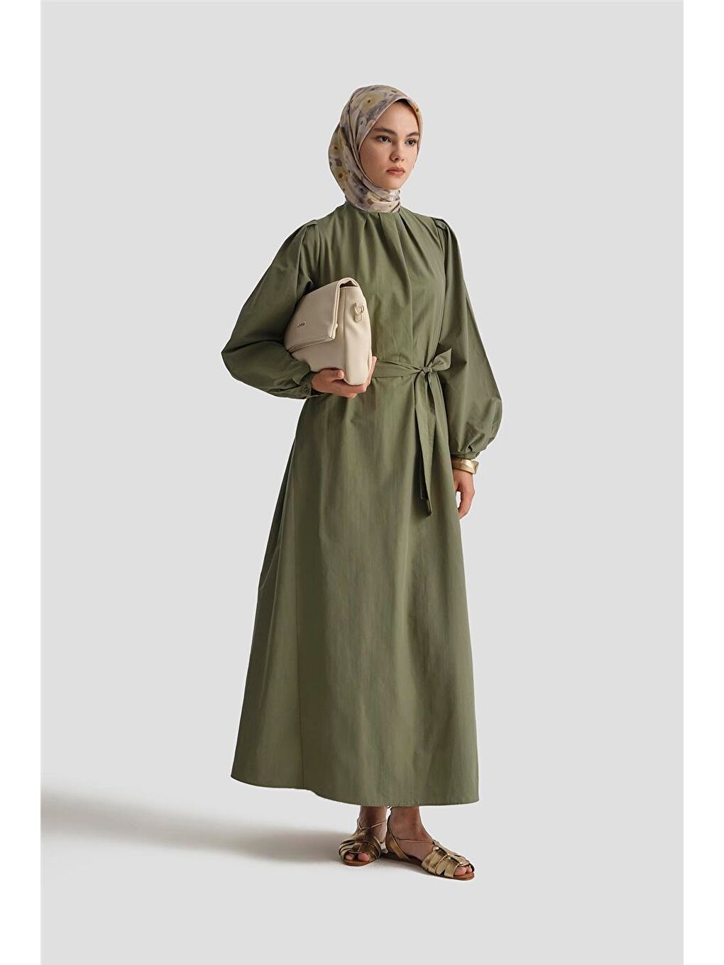 Pile Detaylı Pamuk Elbise 25Y9024 Haki