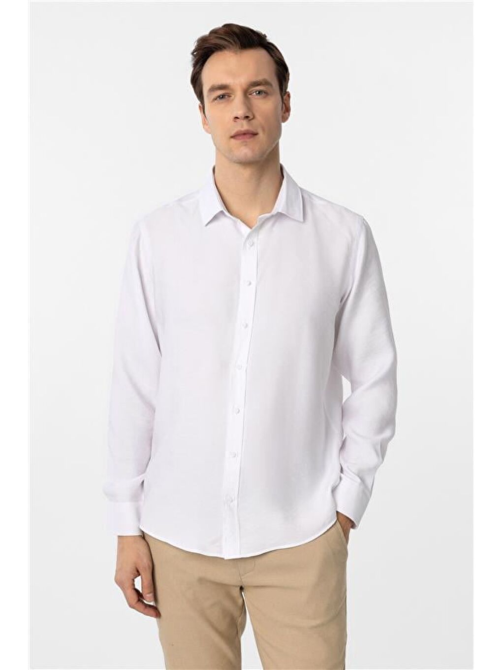 Beyaz Slim Düz Klasik Yaka Gömlek-1