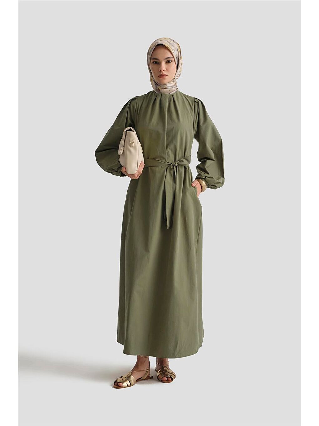 Pile Detaylı Pamuk Elbise 25Y9024 Haki-1