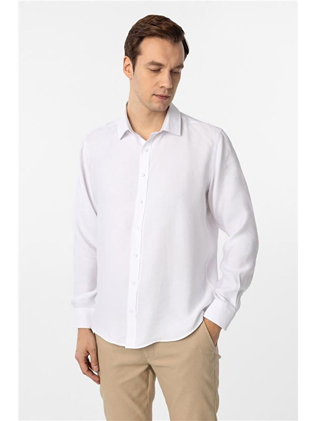 Beyaz Slim Düz Klasik Yaka Gömlek-2