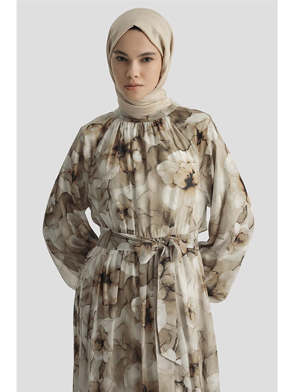 Desenli Elbise 25Yd4018 Kahverengi-2