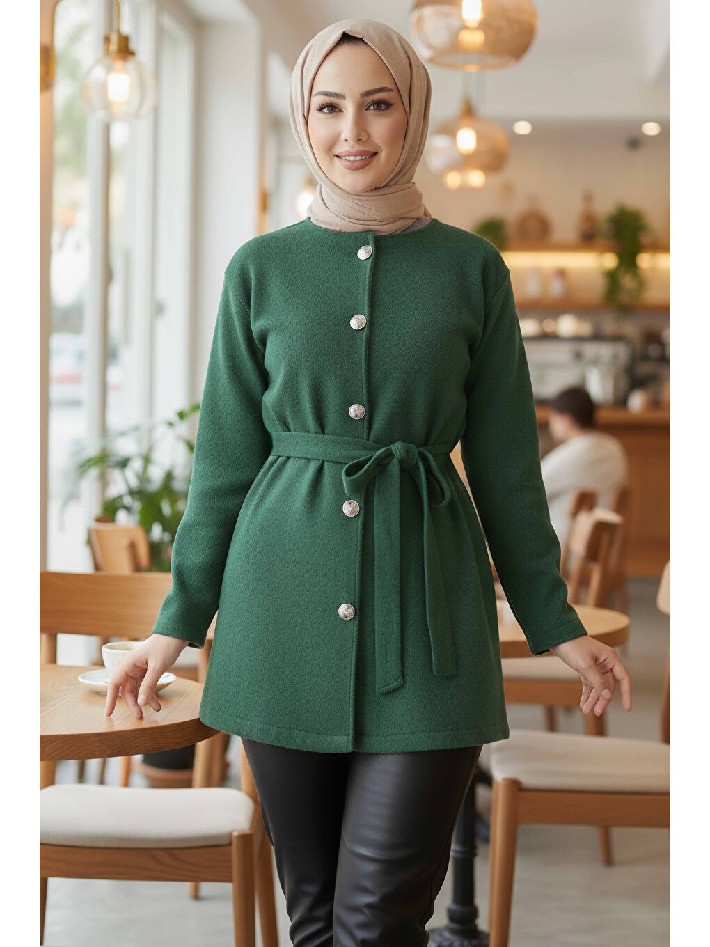 Yeşil Bağlamalı Düğmeli Kısa Kaşe Kaban Zumrut - 2052-ZUMRUT-1