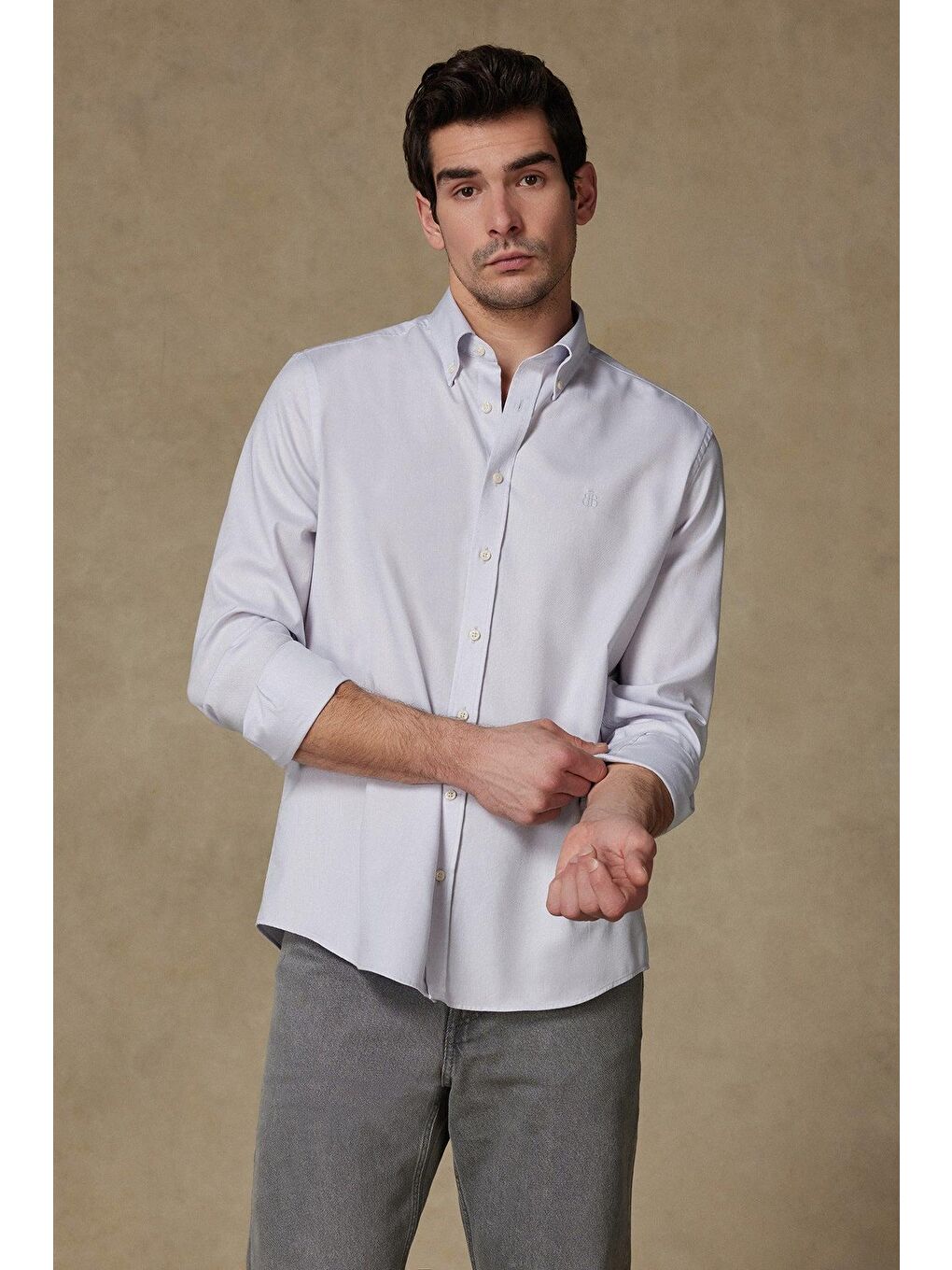 Matteo Royal Oxford Pamuklu Comfort Fit Açık Gri Düğmeli Yaka Erkek Düz %100 Pamuk Gömlek