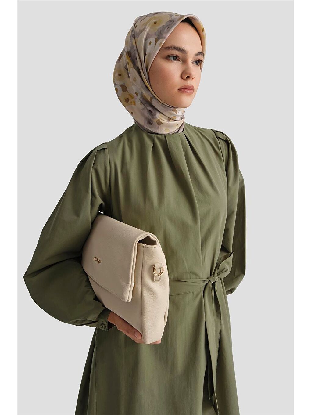 Pile Detaylı Pamuk Elbise 25Y9024 Haki-2