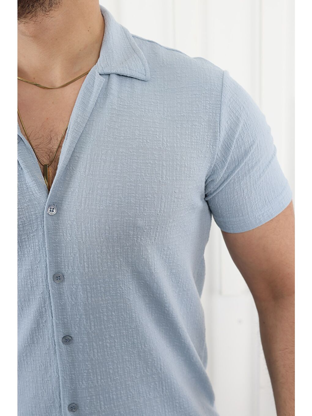 Mavi Kendinden Desenli Kısa Kol Keten Gömlek-1