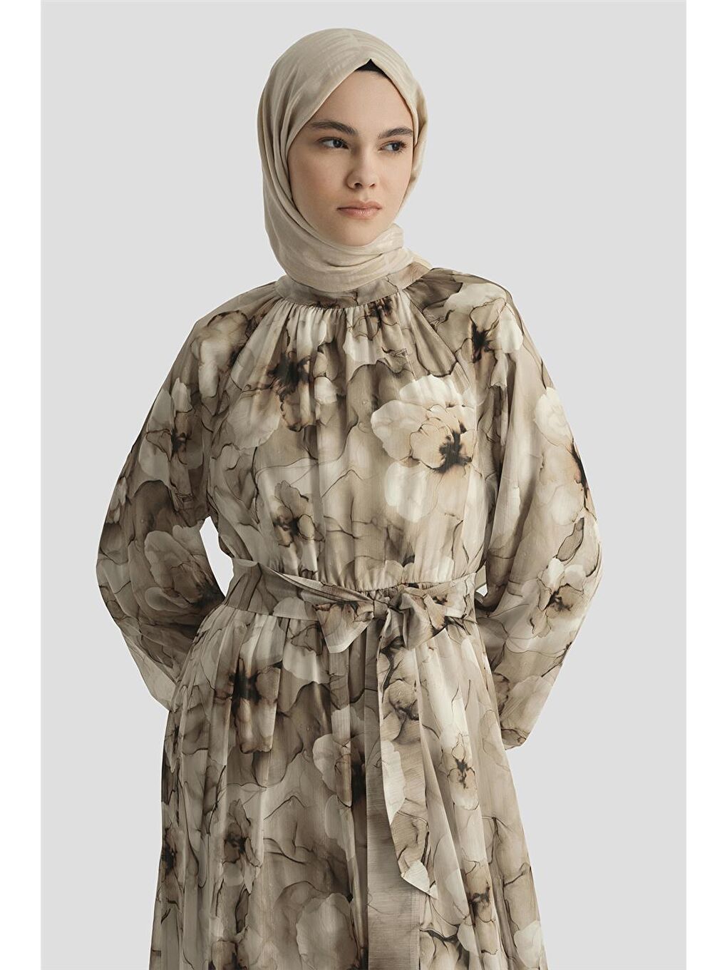 Desenli Elbise 25Yd4018 Kahverengi-3