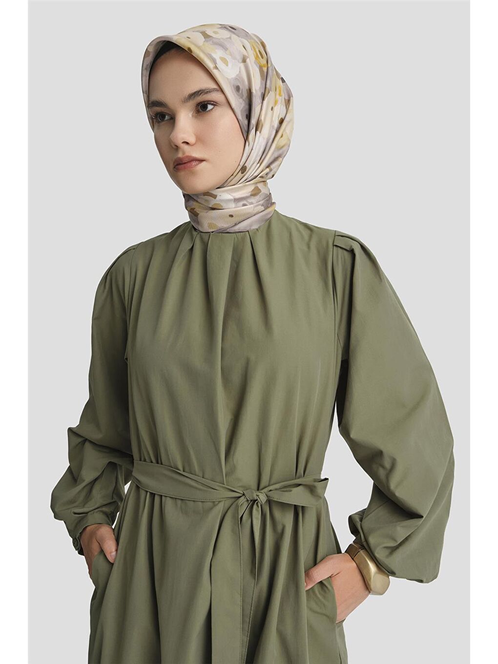 Pile Detaylı Pamuk Elbise 25Y9024 Haki-3