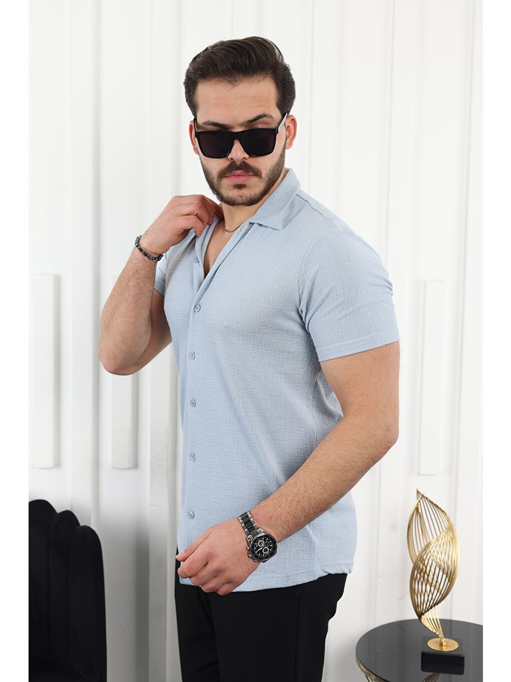 Mavi Kendinden Desenli Kısa Kol Keten Gömlek-2