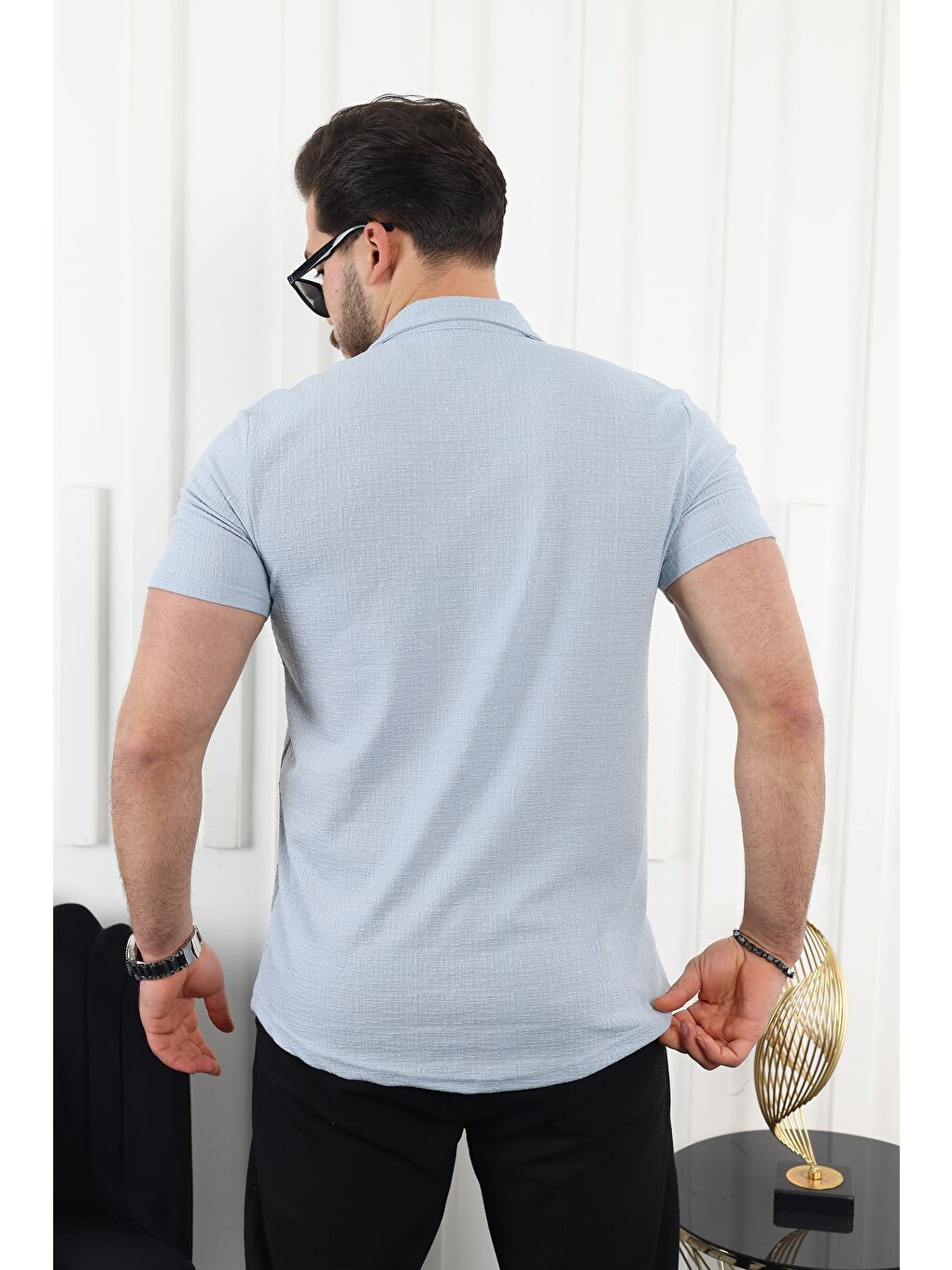 Mavi Kendinden Desenli Kısa Kol Keten Gömlek-3