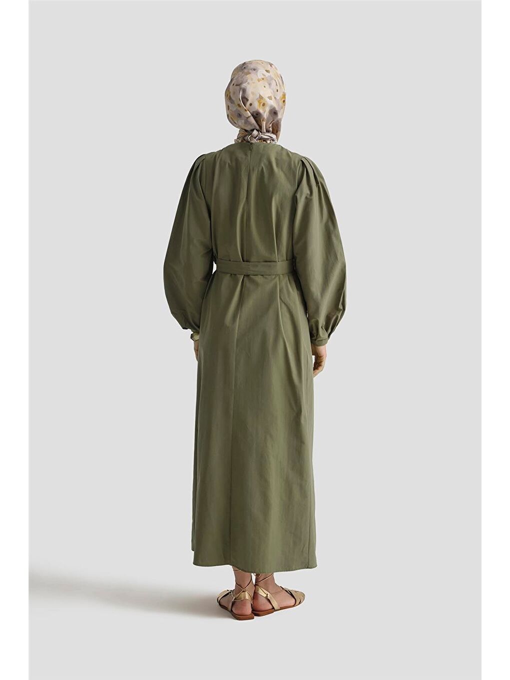 Pile Detaylı Pamuk Elbise 25Y9024 Haki-4