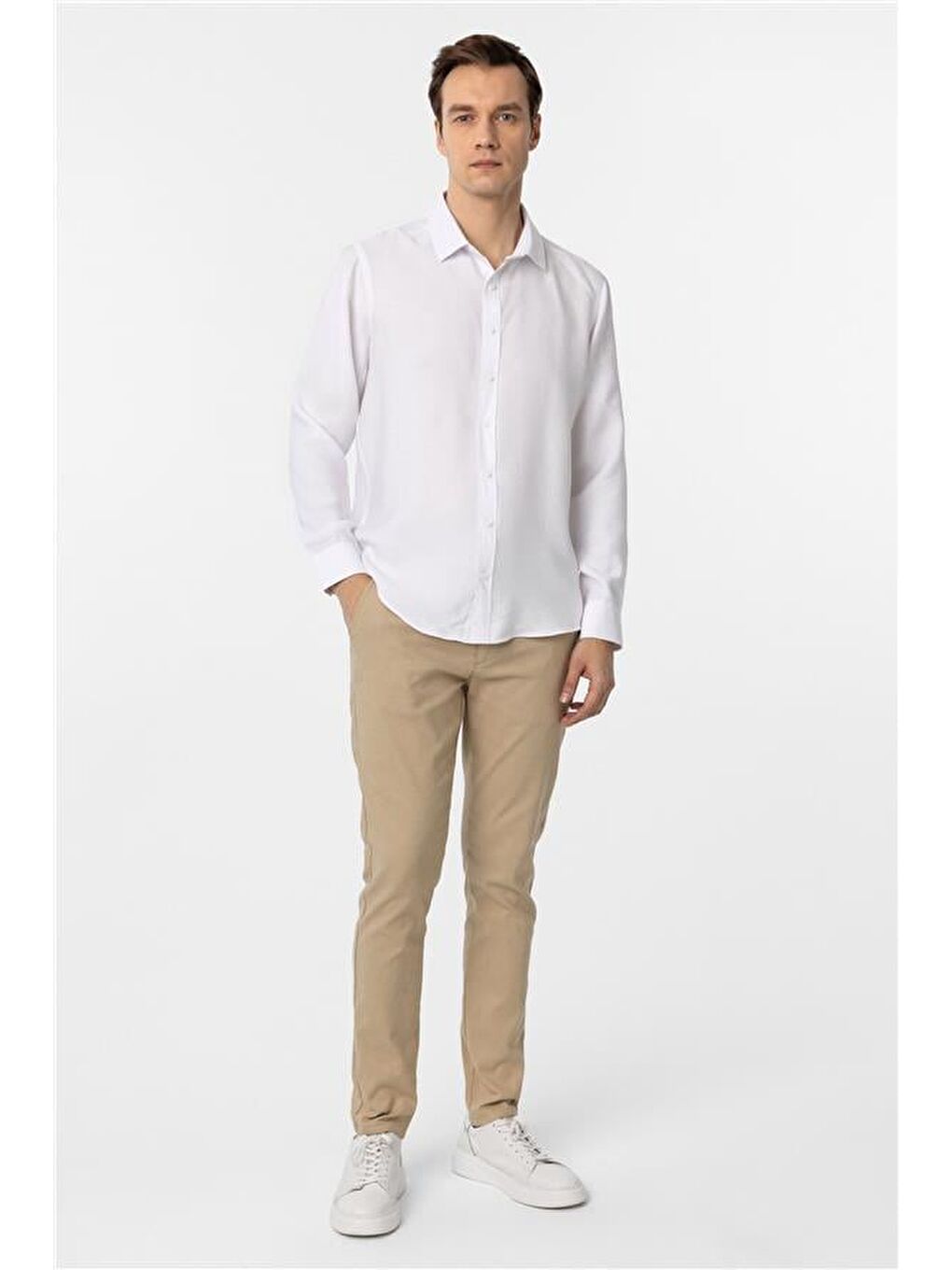 Beyaz Slim Düz Klasik Yaka Gömlek-5