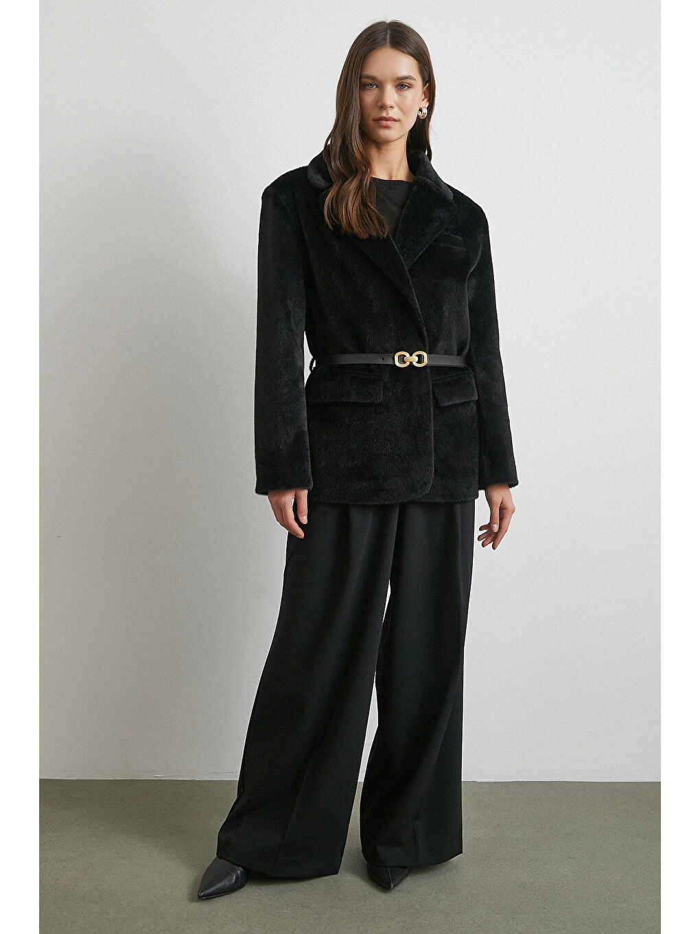 Kemerli Tay Flock Ceket Siyah-1