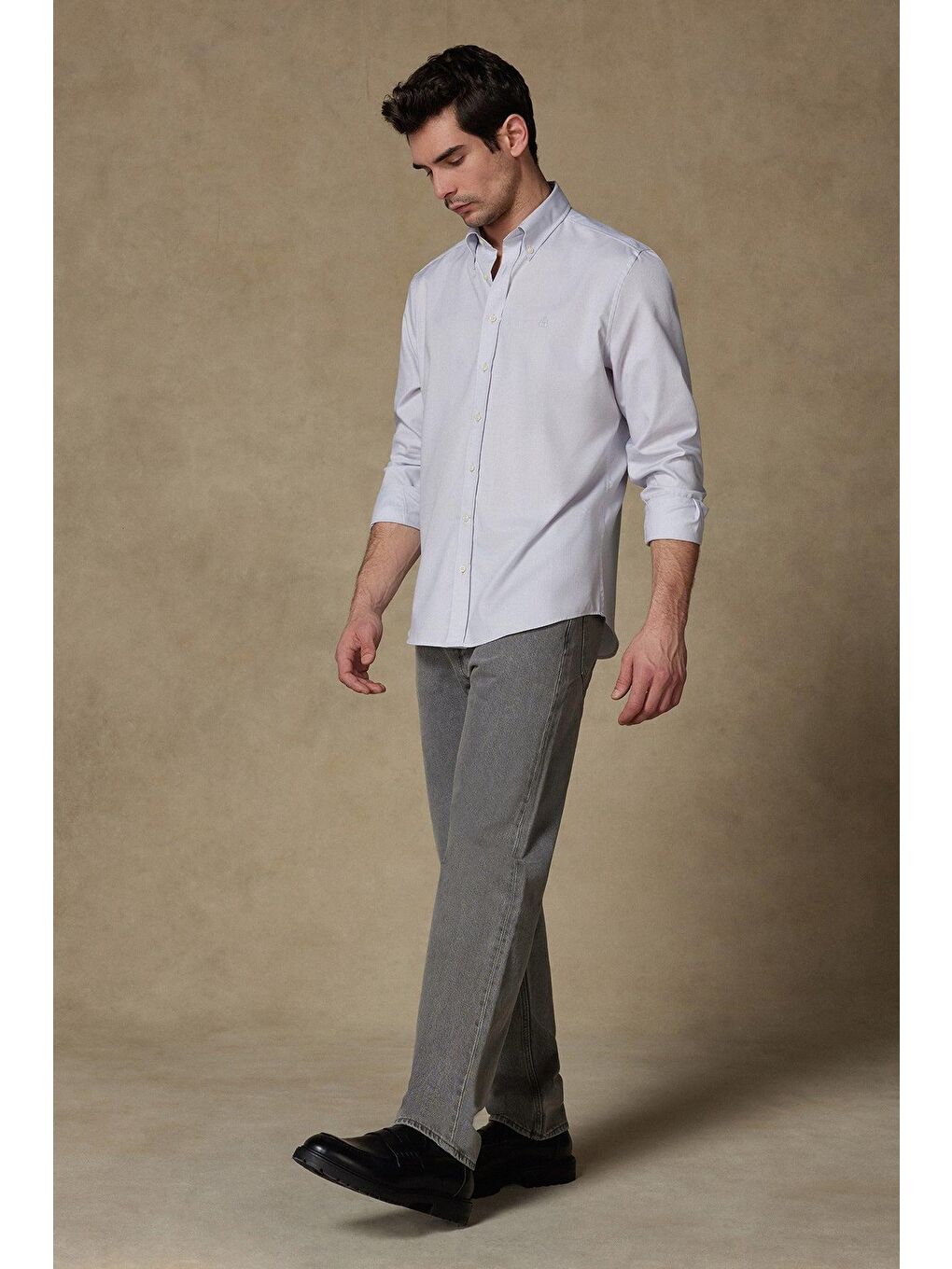 Matteo Royal Oxford Pamuklu Comfort Fit Açık Gri Düğmeli Yaka Erkek Düz %100 Pamuk Gömlek-2