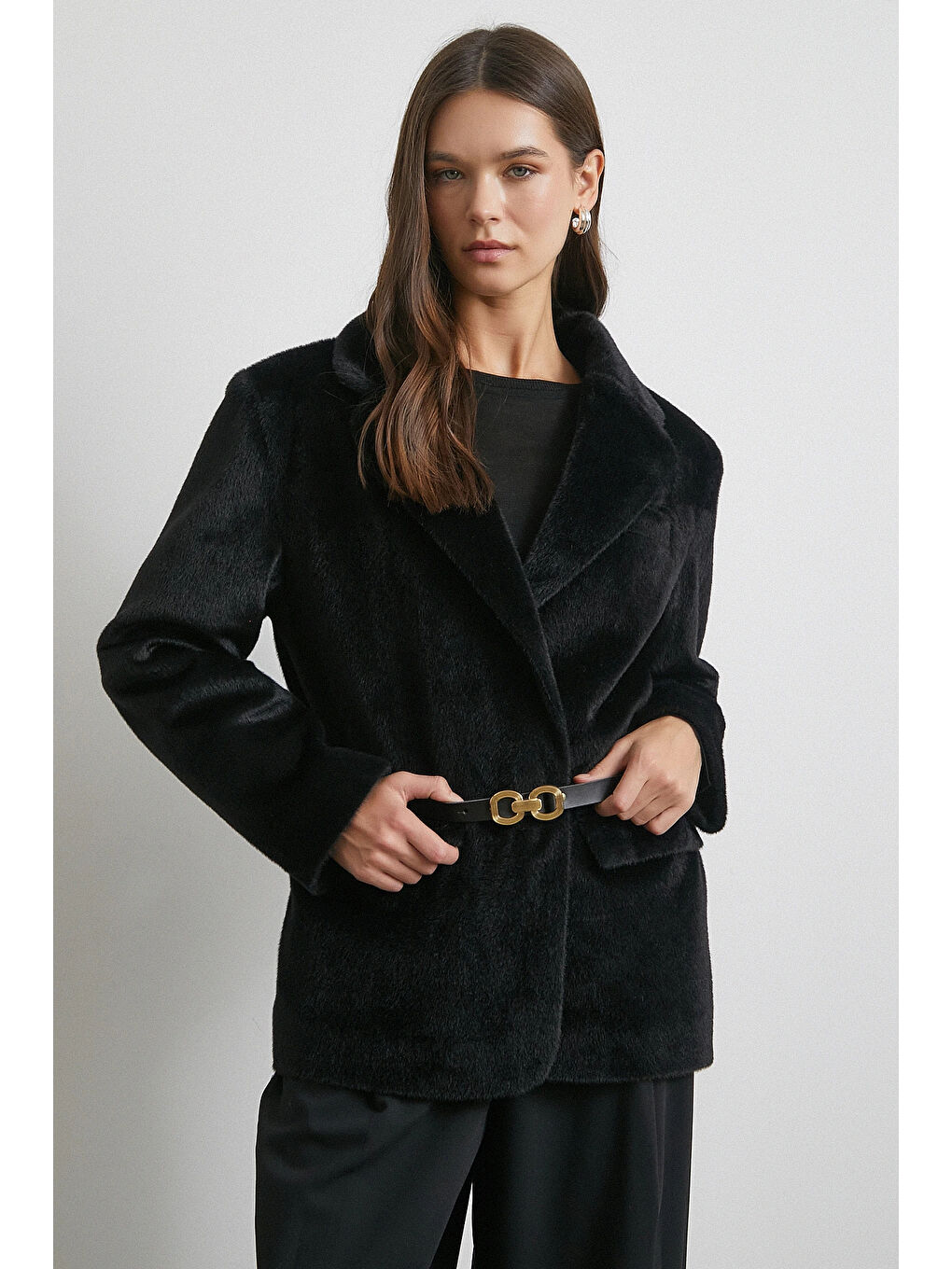 Kemerli Tay Flock Ceket Siyah-2