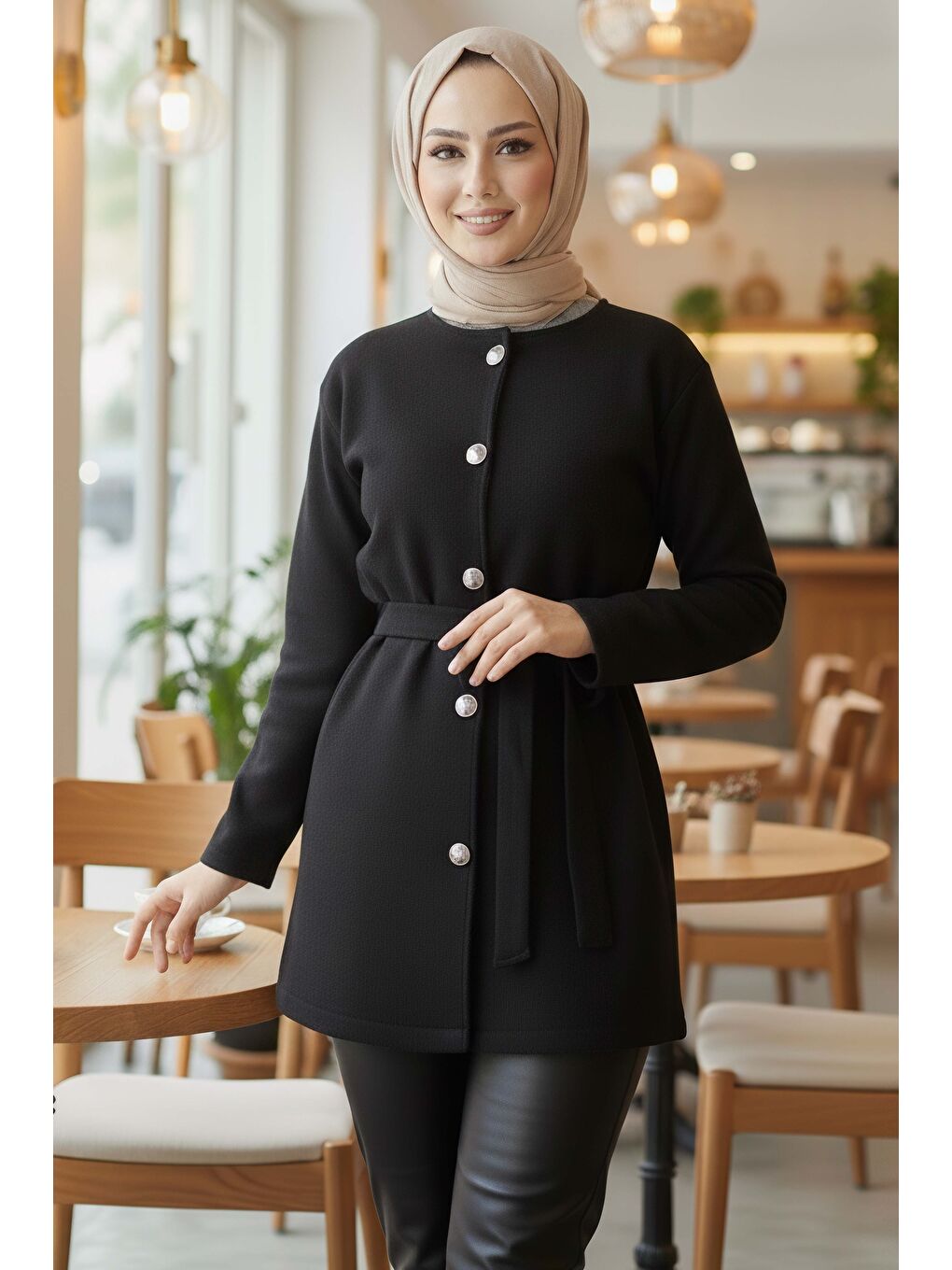 Bağlamalı Düğmeli Kısa Kaşe Kaban Siyah - 2052-SIYAH-1