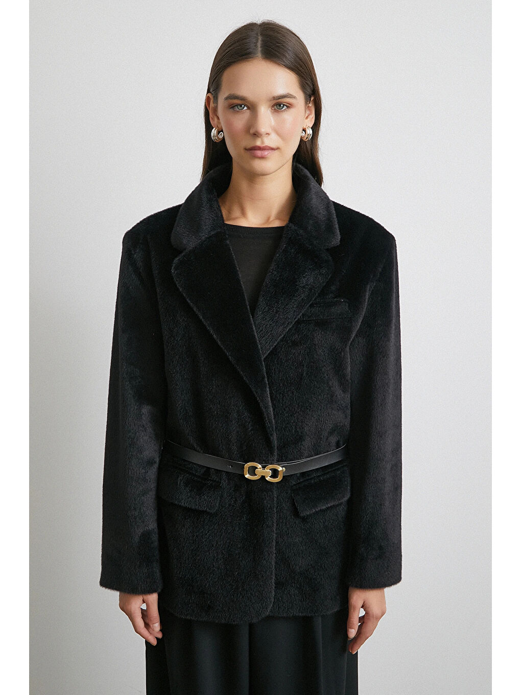 Kemerli Tay Flock Ceket Siyah-3