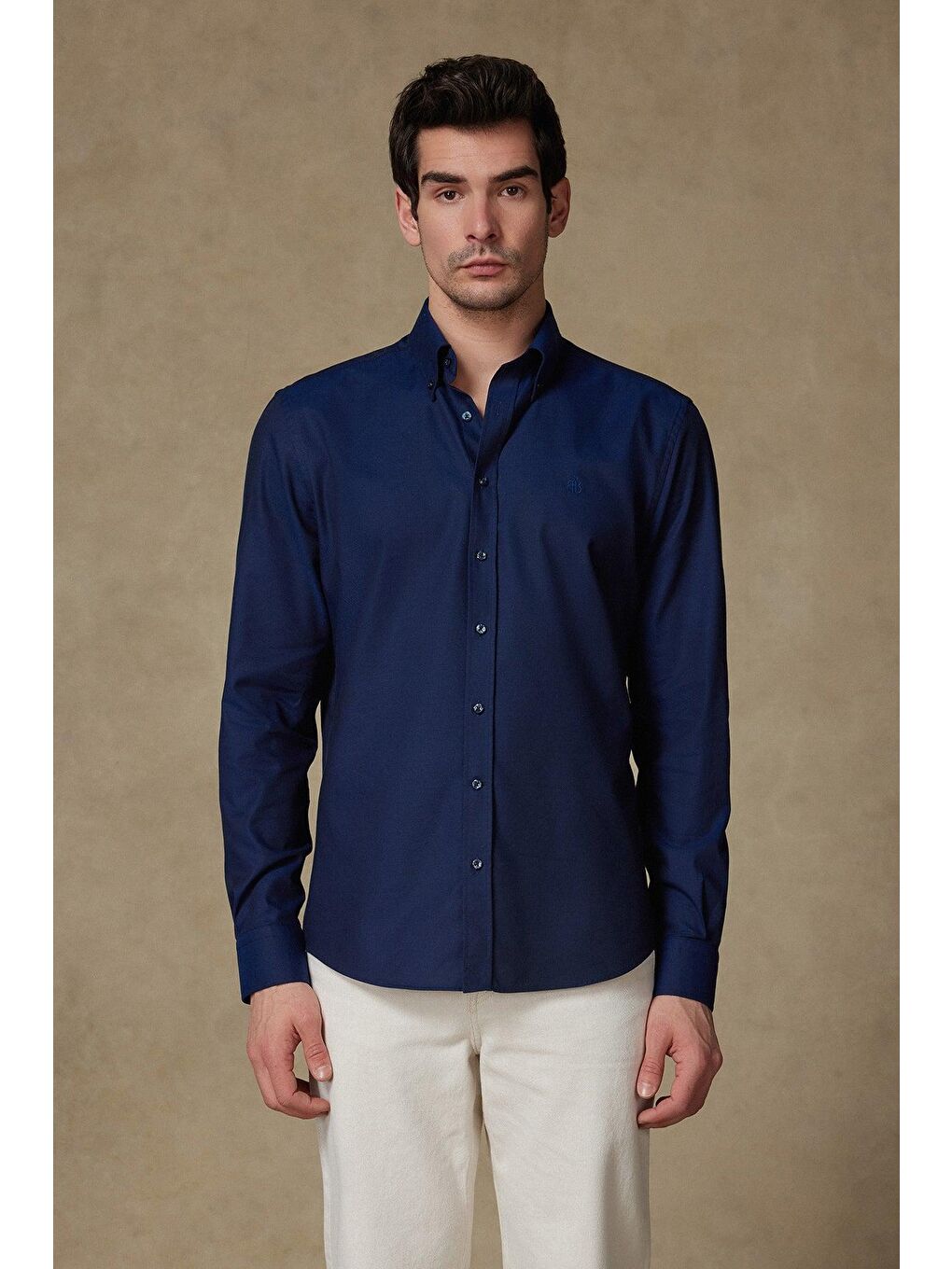 Matteo Royal Oxford Pamuklu Comfort Fit Lacivert Düğmeli Yaka Erkek Düz %100 Pamuk Gömlek