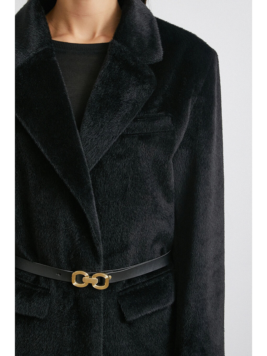 Kemerli Tay Flock Ceket Siyah-4