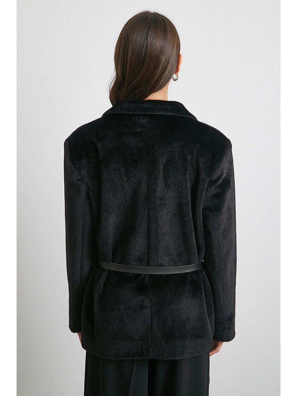 Kemerli Tay Flock Ceket Siyah-5