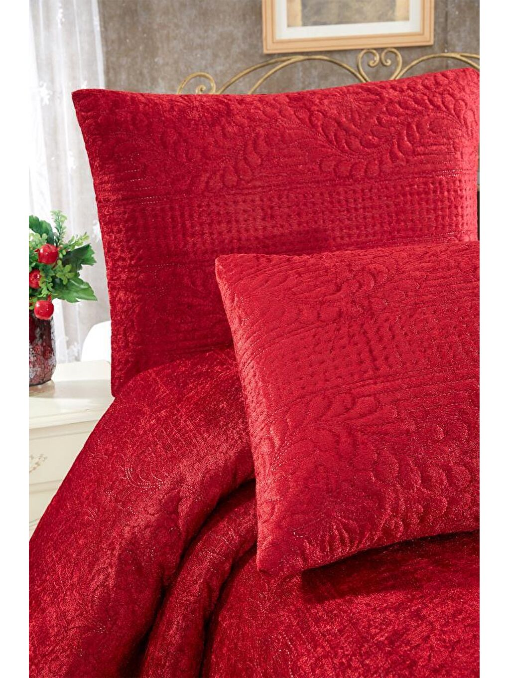 Velica Tek Kişilik Kadife Yatak Örtüsü Bordo-2