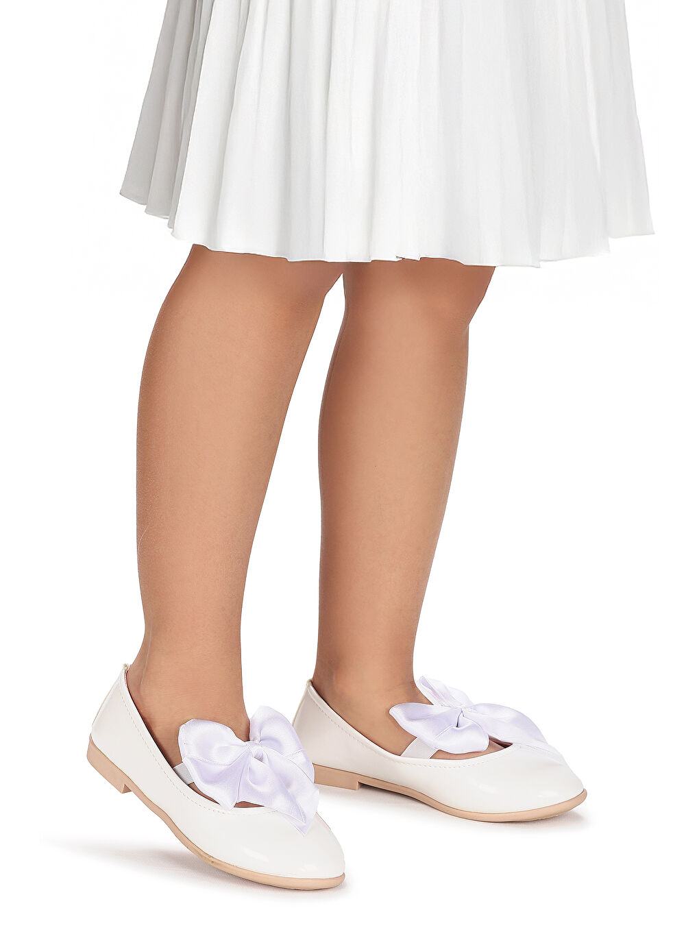 Beyaz Tari Rugan Fiyonk Lastikli Kız Çocuk Babet Ayakkabı-2