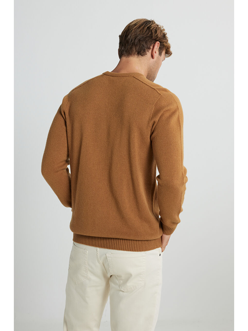 Kahverengi Erkek Camel Yünlü Dikişsiz Sıcak Tutan Standart Fit Normal Kesim Bisiklet Yaka Armürlü Triko Kazak-5