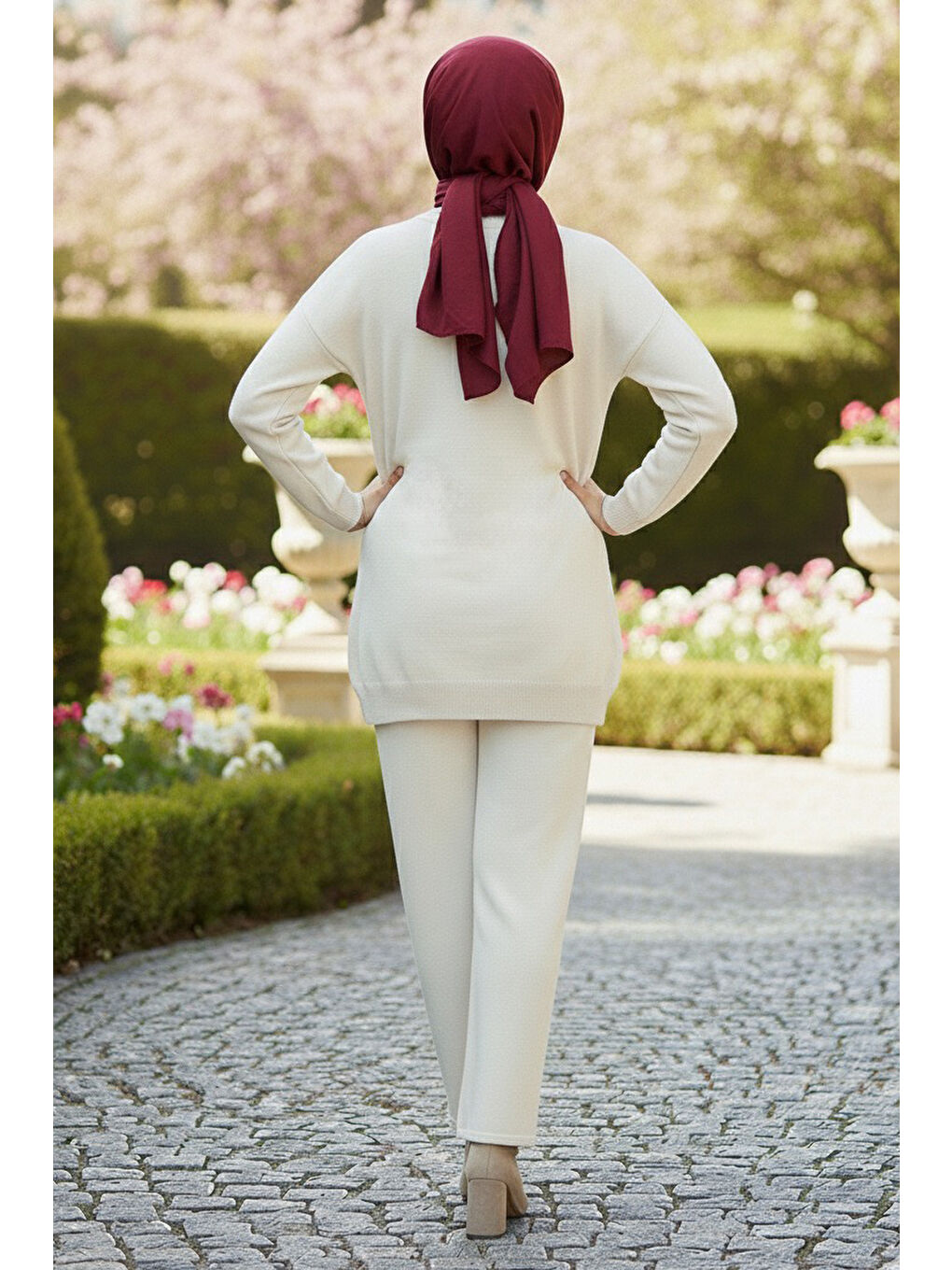 Kalp Nakışlı İkili Triko Takım Ekru - 28063-EKRU-2