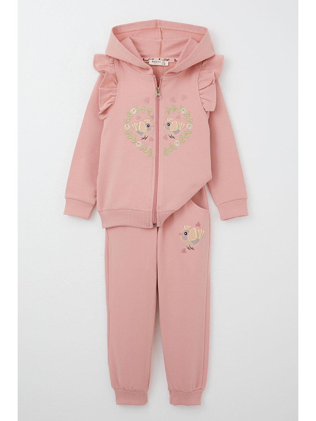 Pembe Kız Bebek Eşofman Takım Çiçek & Kuş Nakışlı Gülkurusu (1.5-2 Yaş)