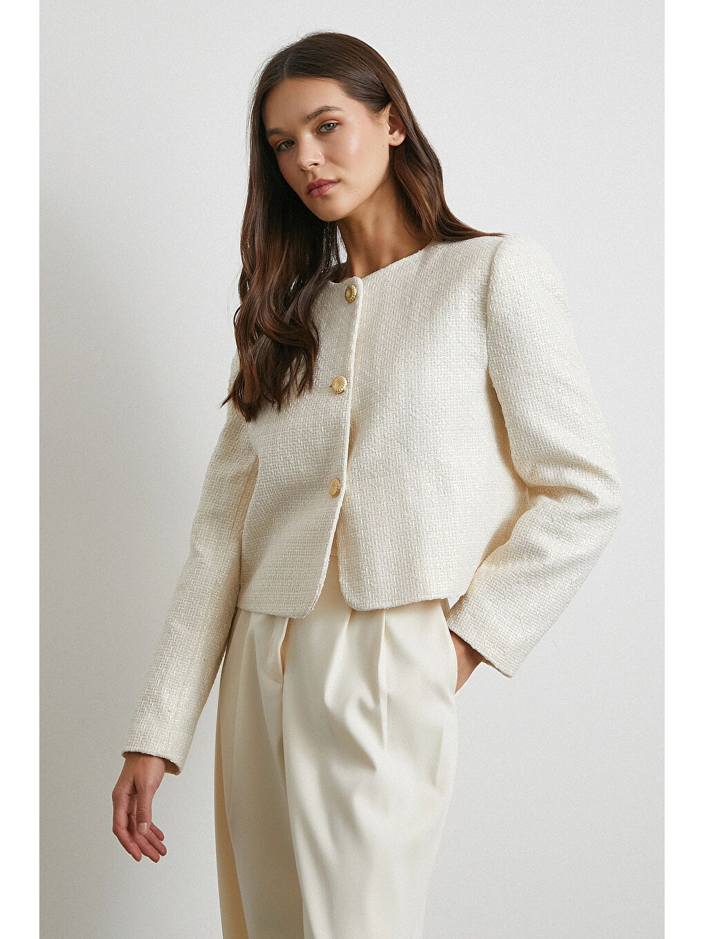 Pamuk Düğmeli Uzun Kollu Ceket Ekru
