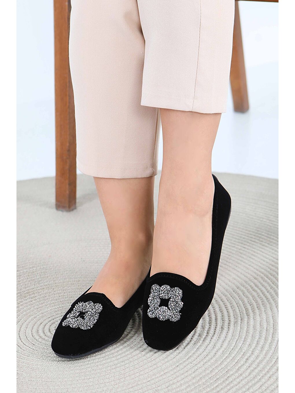 Kadın Siyah Tokalı Süet Babet - 27789-SIYAH-2